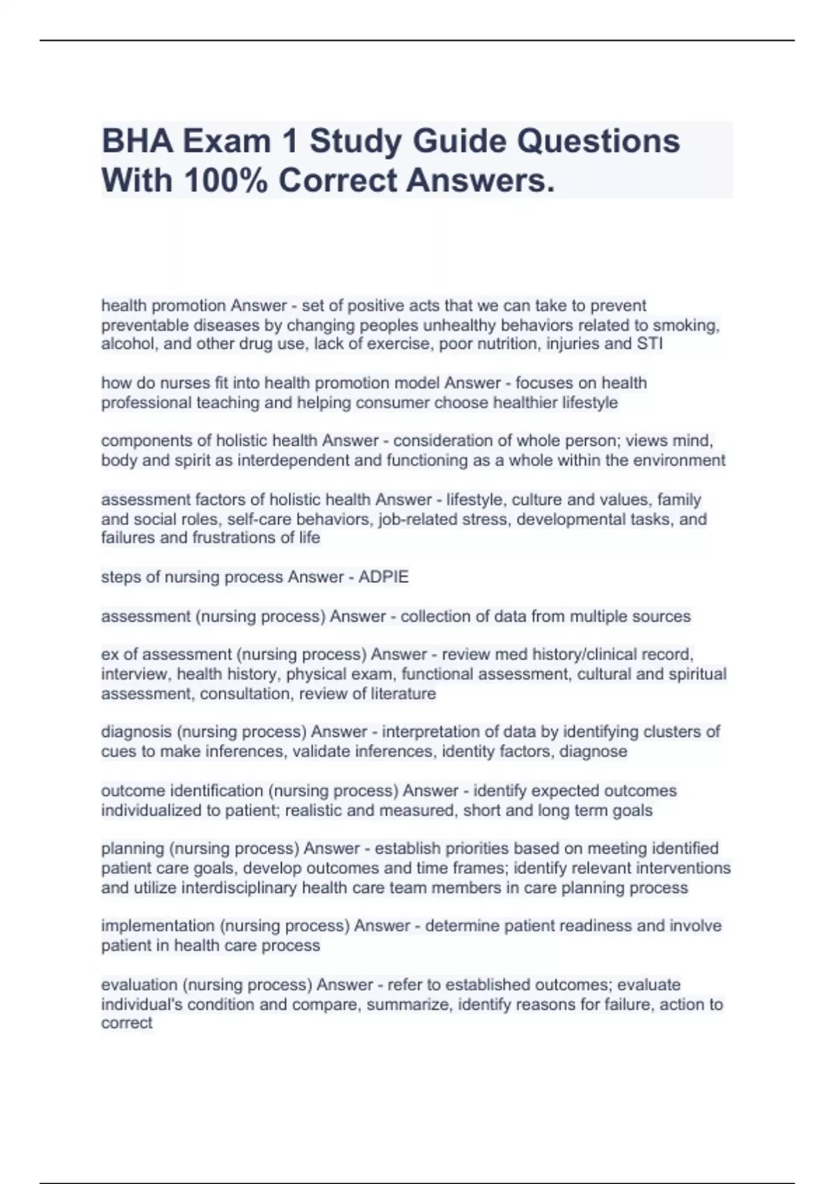 BHA Exam 1 Study Guide Questions With 100% Correct Answers. - BHA ...