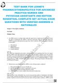 TEST BANK FOR LEHNE&rsquo;S PHARMACOTHERAPEUTICS FOR ADVANCED  PRACTICE NURSES AND PHYSICIAN ASSISTANTS 2ND EDITION ROSENTHAL COMPLETE SET ACTUAL EXAM  QUESTIONS WITH VERIFIED ANSWERS & RATIONALES