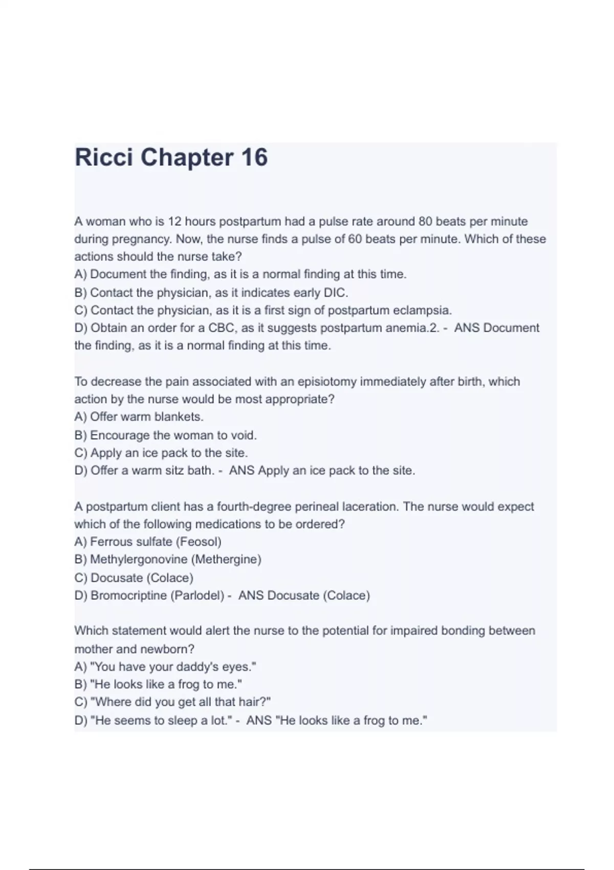Essentials of Maternity Chapter 16 Ricci Test Bank |Complete Guide ...