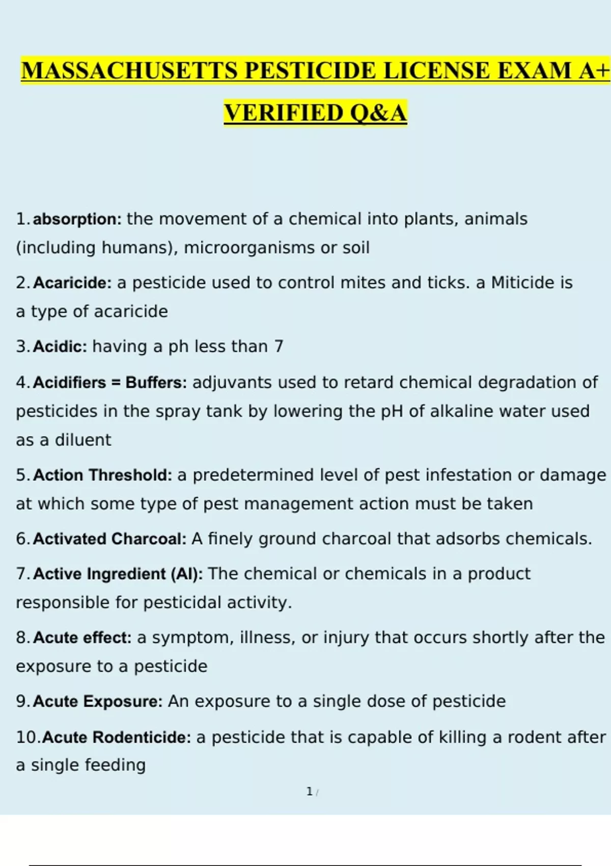 MASSACHUSETTS PESTICIDE LICENSE EXAM A+ VERIFIED QUESTIONS AND ANSWERS