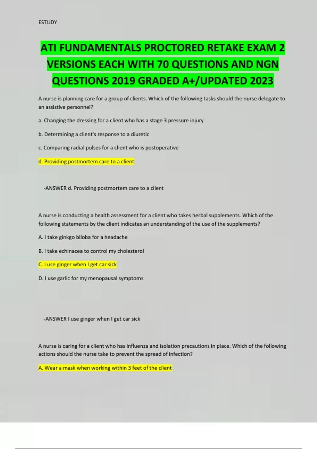 ATI FUNDAMENTALS PROCTORED RETAKE EXAM 2 VERSIONS EACH WITH 70 ...