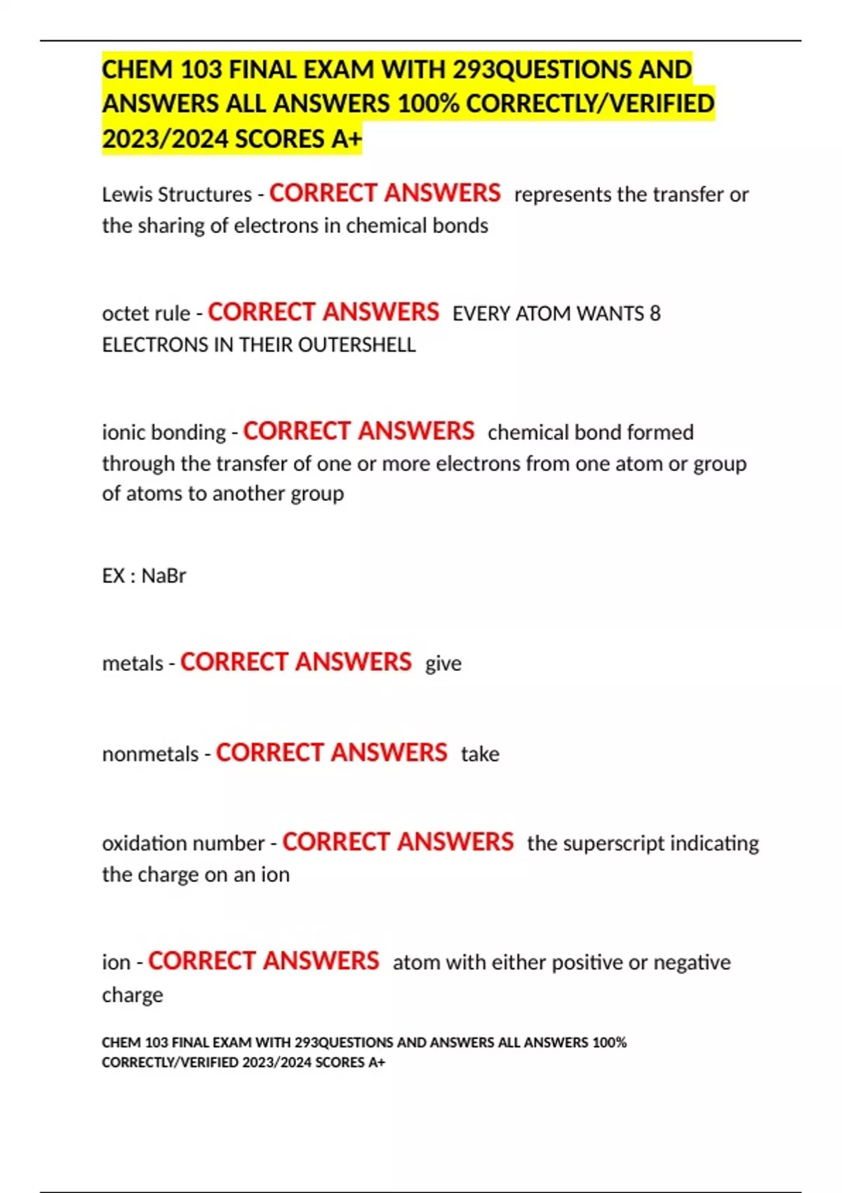CHEM 103 FINAL EXAM WITH 293QUESTIONS AND ANSWERS ALL ANSWERS 100% ...