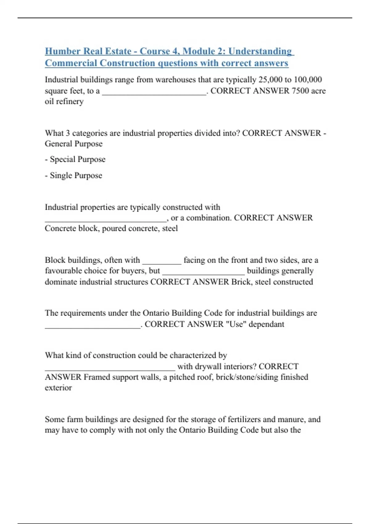 Humber Real Estate Course 4, Module 2 Understanding Commercial