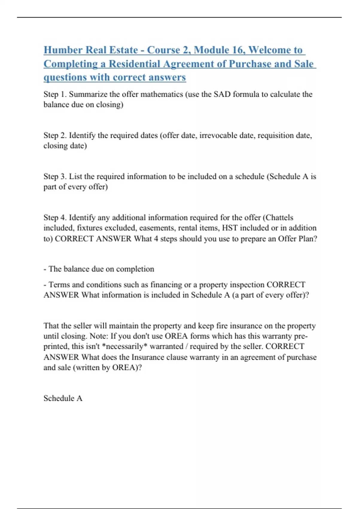 Humber Real Estate Course 2, Module 16, to Completing a