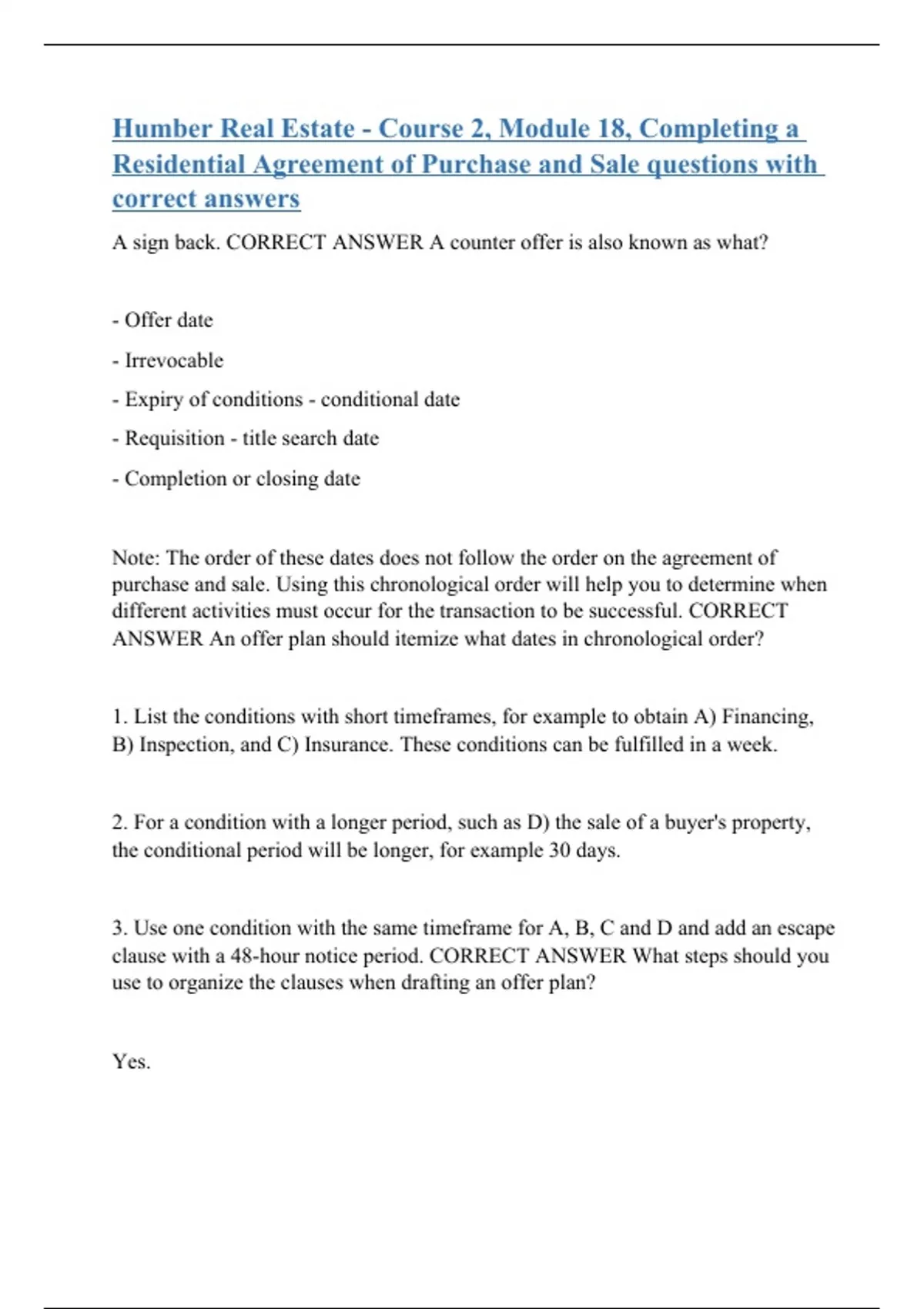 Humber Real Estate Course 2, Module 18, Completing a Residential