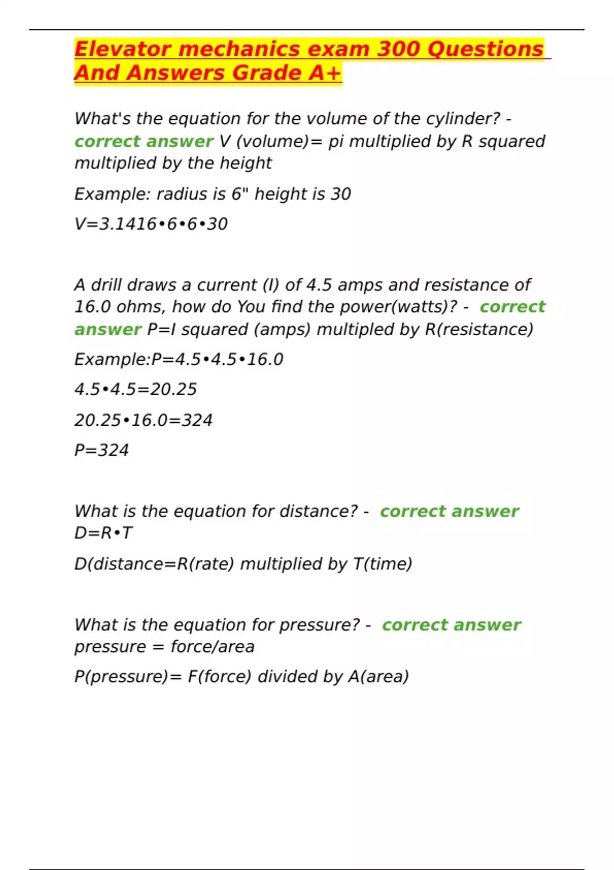 Elevator mechanics exam 300 Questions And Answers Grade A+ Stuvia US