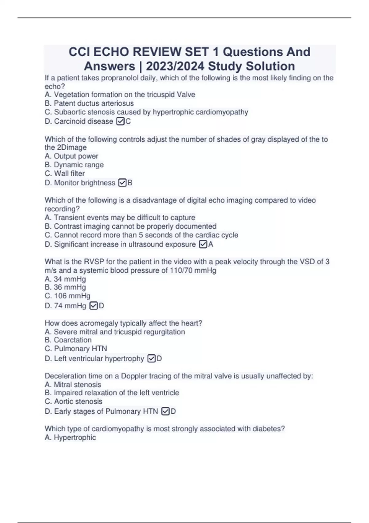 CCI ECHO REVIEW SET 1 Questions And Answers 2023/2024 Study Solution