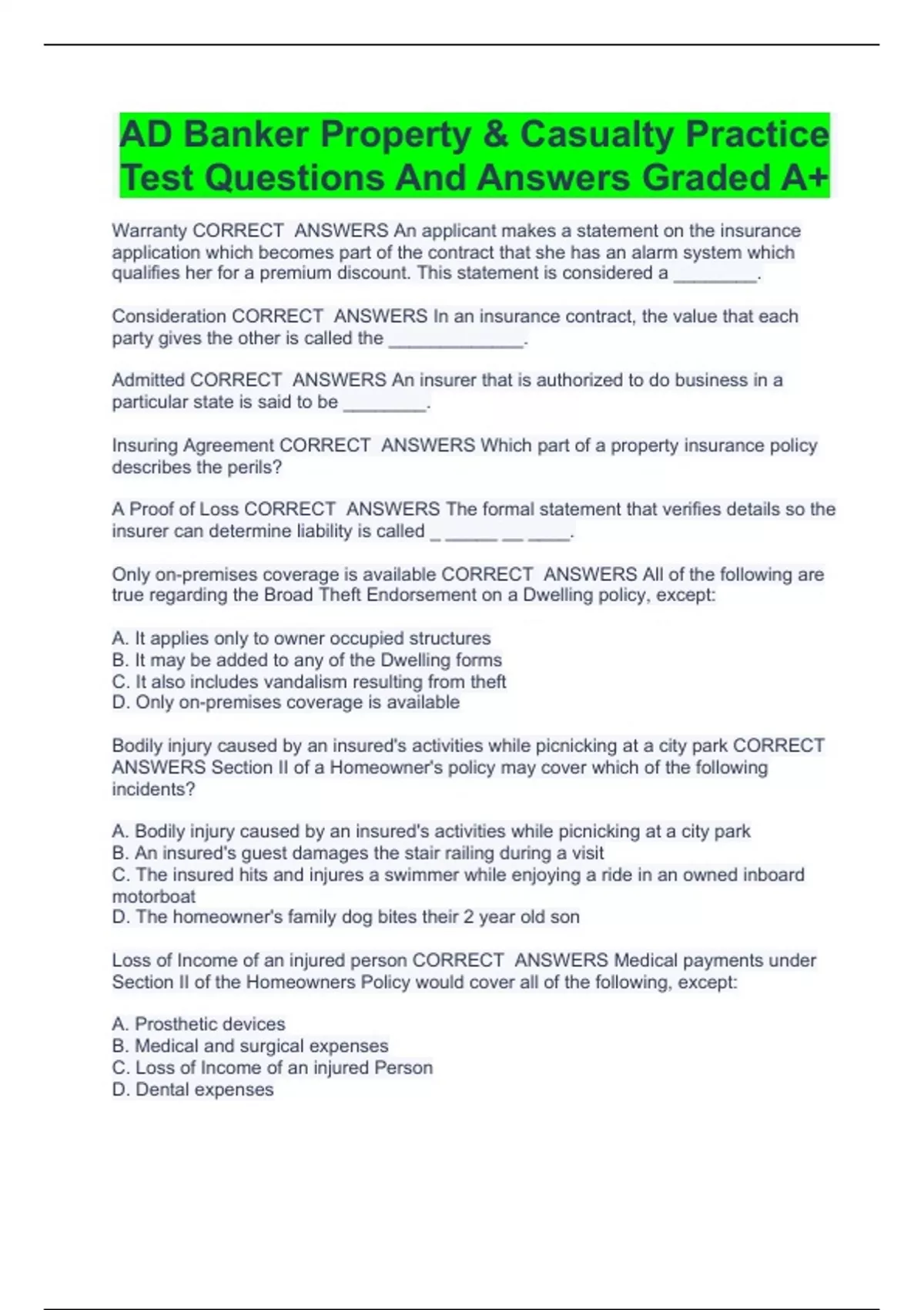AD Banker Property & Casualty Practice Test Questions And Answers