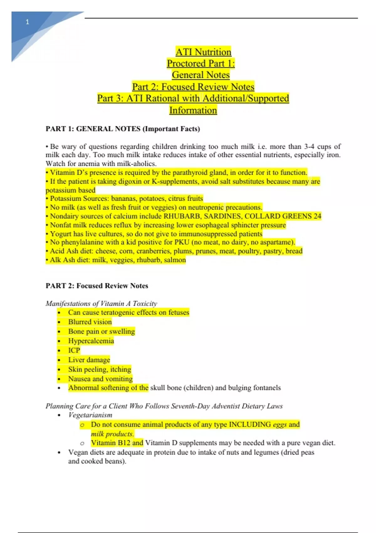 ATI Nutrition Proctored Part 1: General Notes Part 2: Focused Review ...