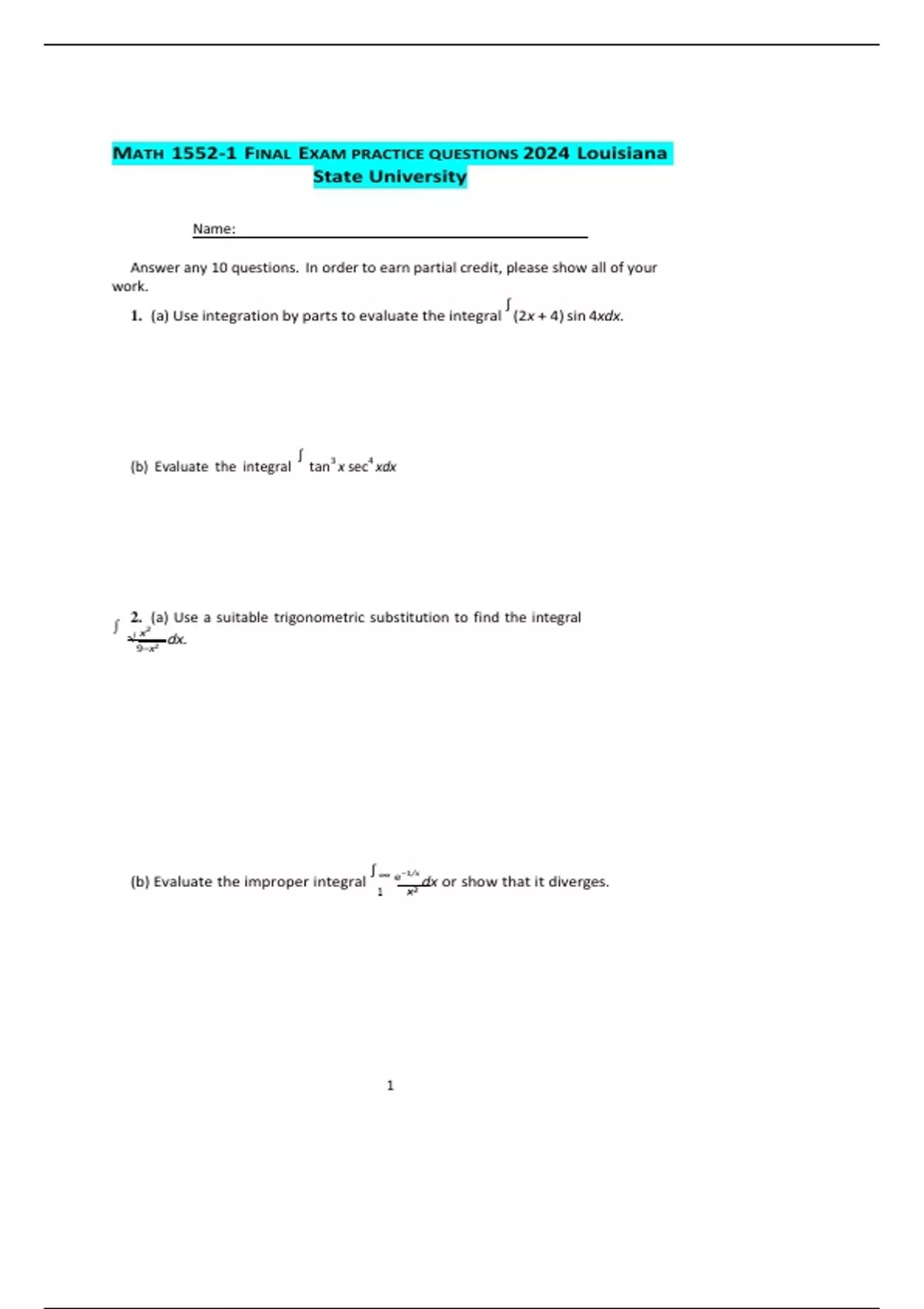 Lsu Math 4032 MATH 1552-1 FINAL EXAM PRACTICE QUESTIONS 2024 Louisiana State ...