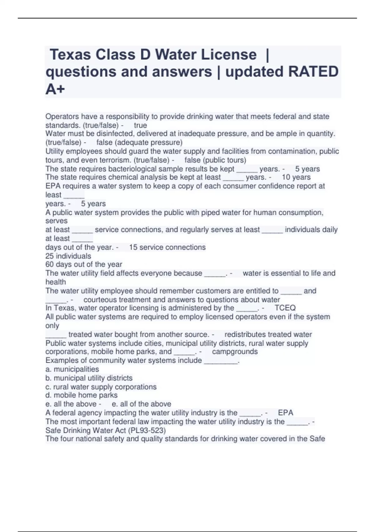 Texas Class D Water License bundle Stuvia US
