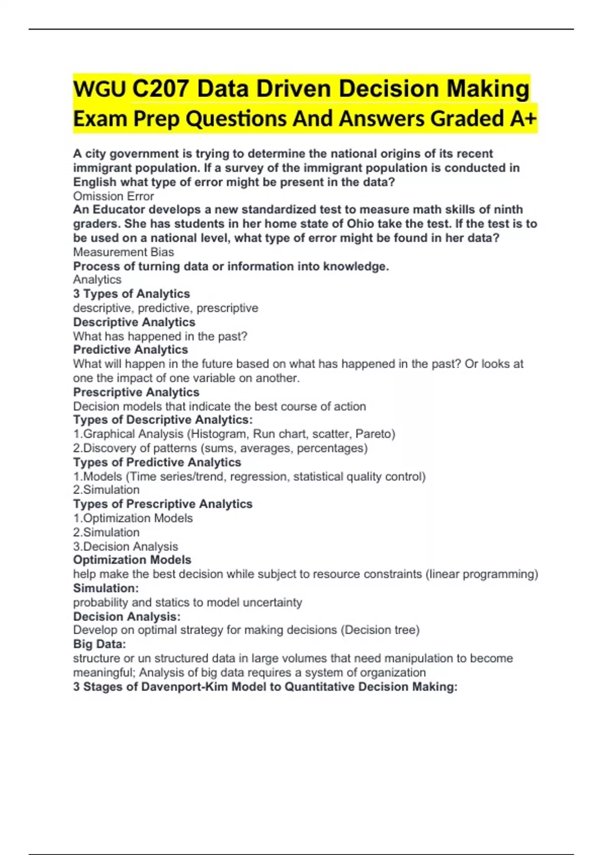 WGU C207 Data Driven Decision Making Exam Prep Questions And Answers ...