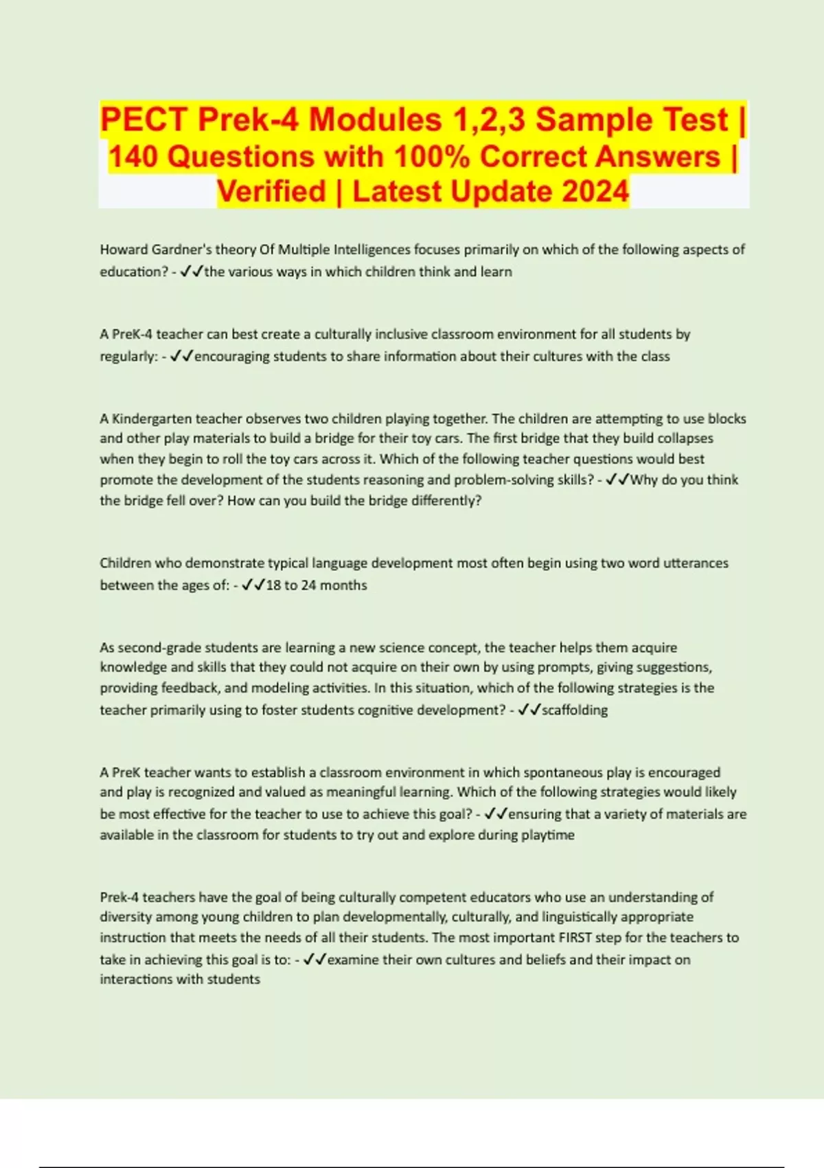 PECT Prek-4 Modules 1,2,3 Sample Test | 140 Questions with 100% Correct ...