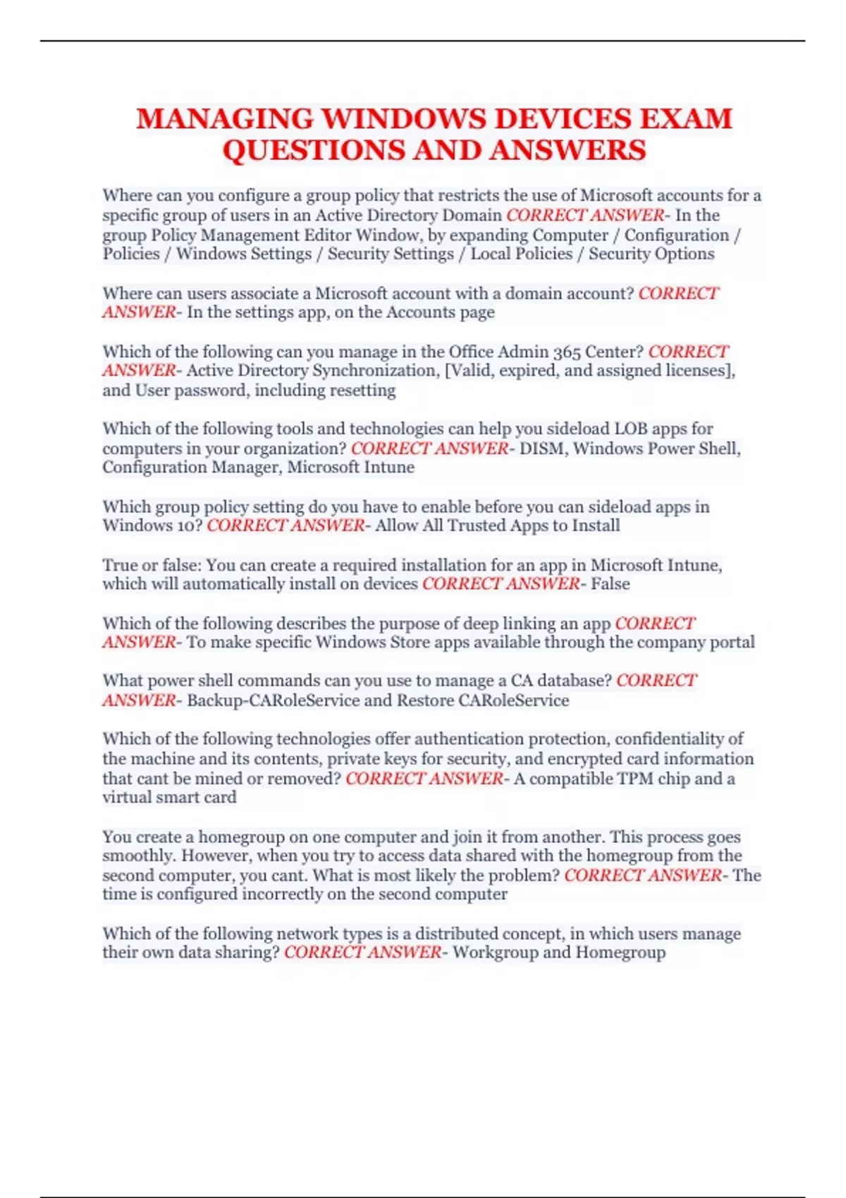 MANAGING WINDOWS DEVICES EXAM QUESTIONS AND ANSWERS - MANAGING WINDOWS