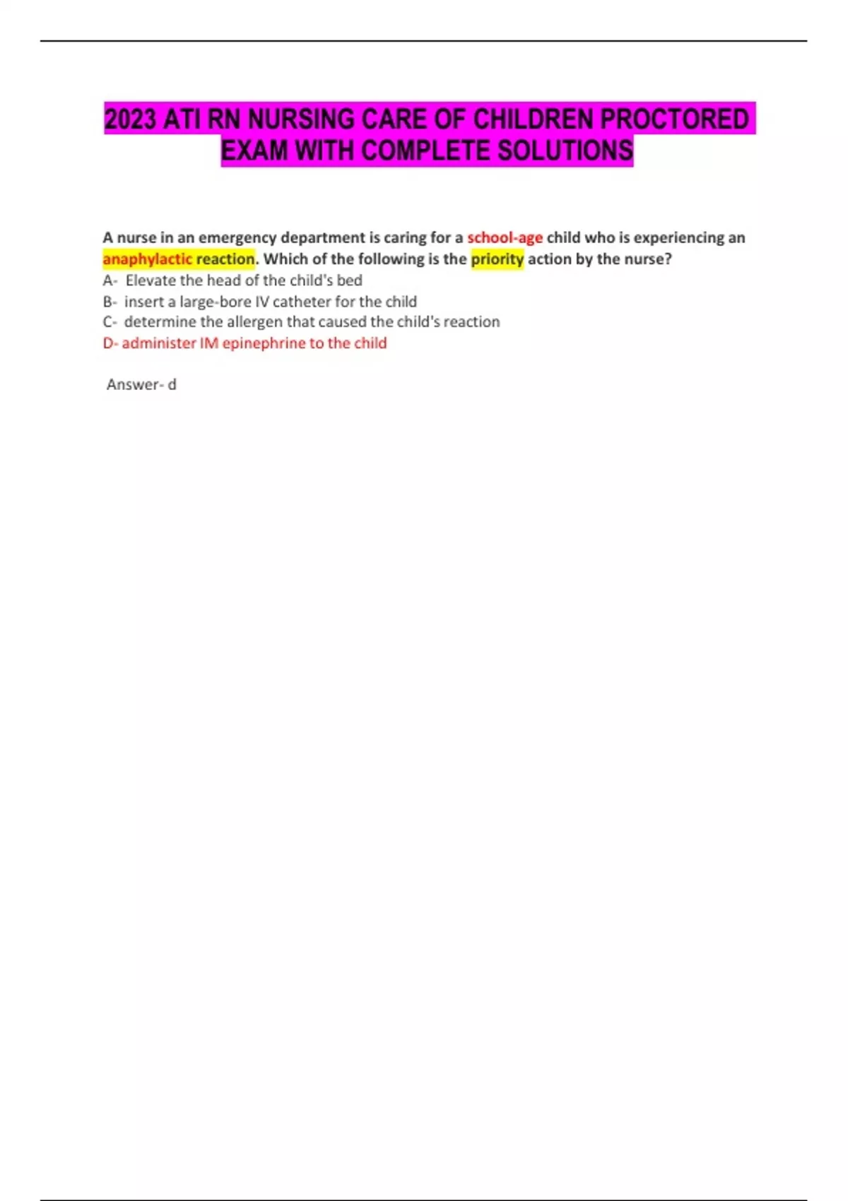 2023 ATI RN NURSING CARE OF CHILDREN PROCTORED EXAM WITH COMPLETE ...
