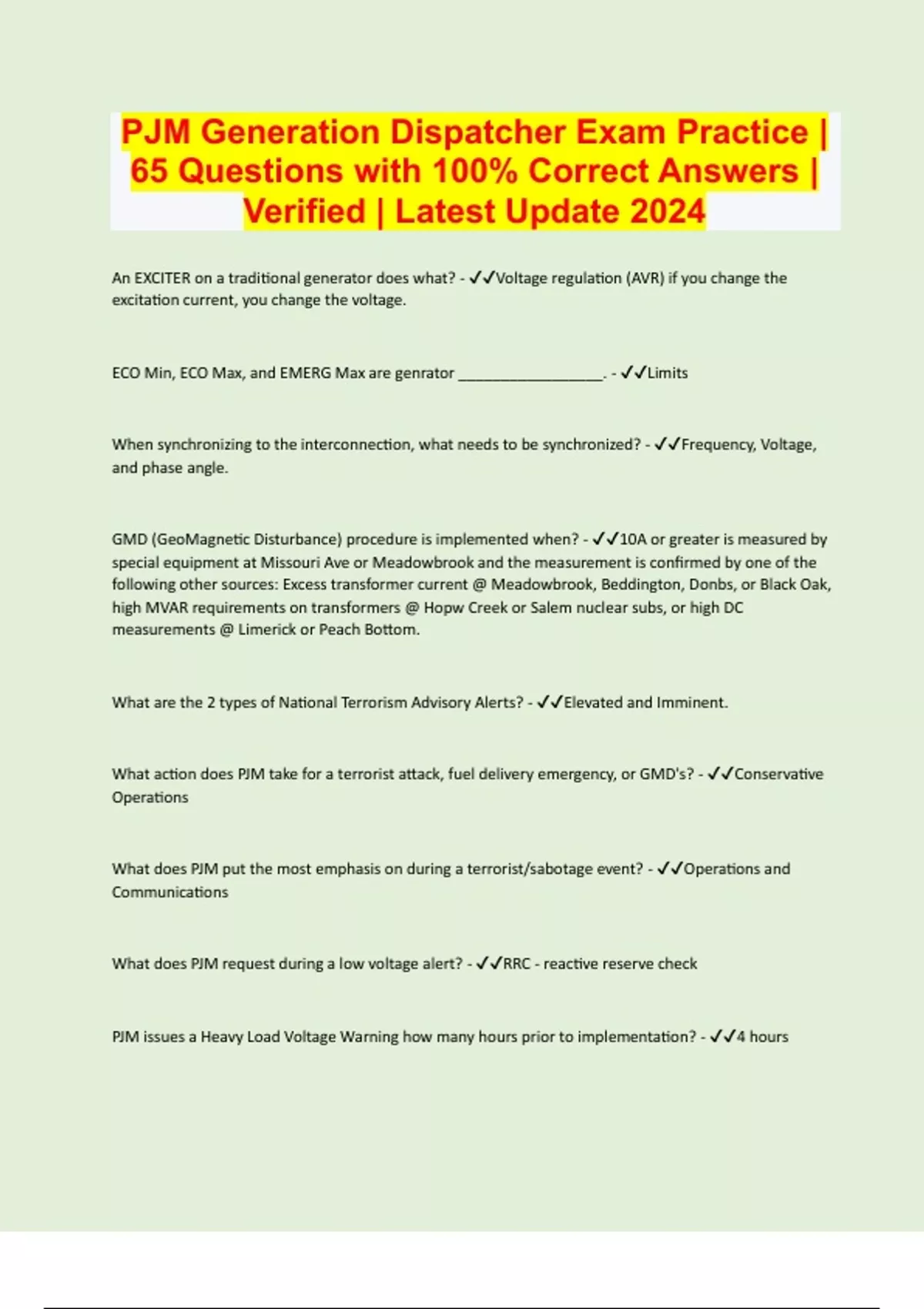 PJM Generation Dispatcher Exam Practice 65 Questions with 100