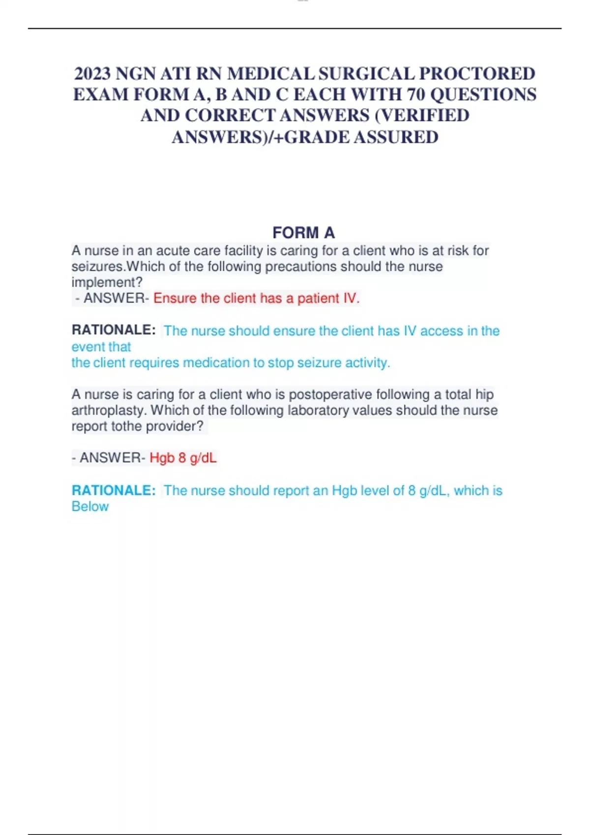 2023 NGN ATI RN MEDICAL SURGICAL PROCTORED EXAM FORM A, B AND C EACH ...