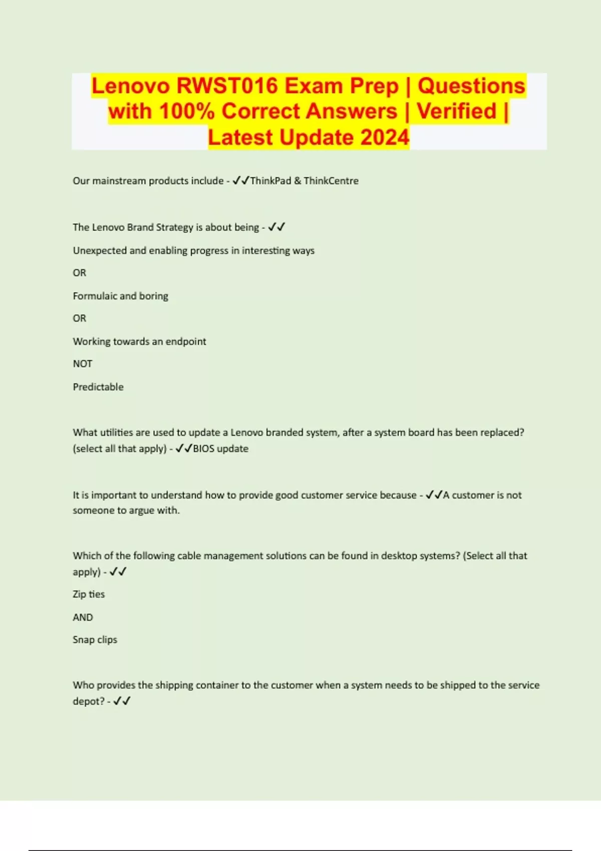 Lenovo RWST016 Exam Prep Questions with 100 Correct Answers Verified Latest Update 2024