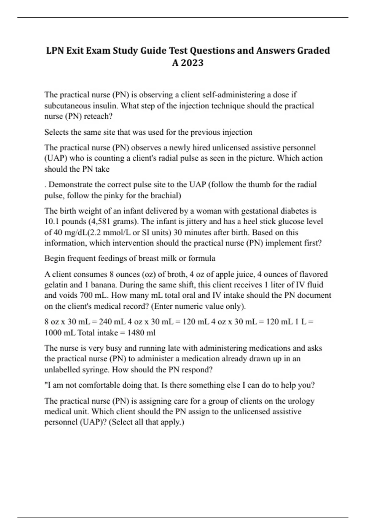 LPN Exit Exam Study Guide Test Questions and Answers Graded A 2023