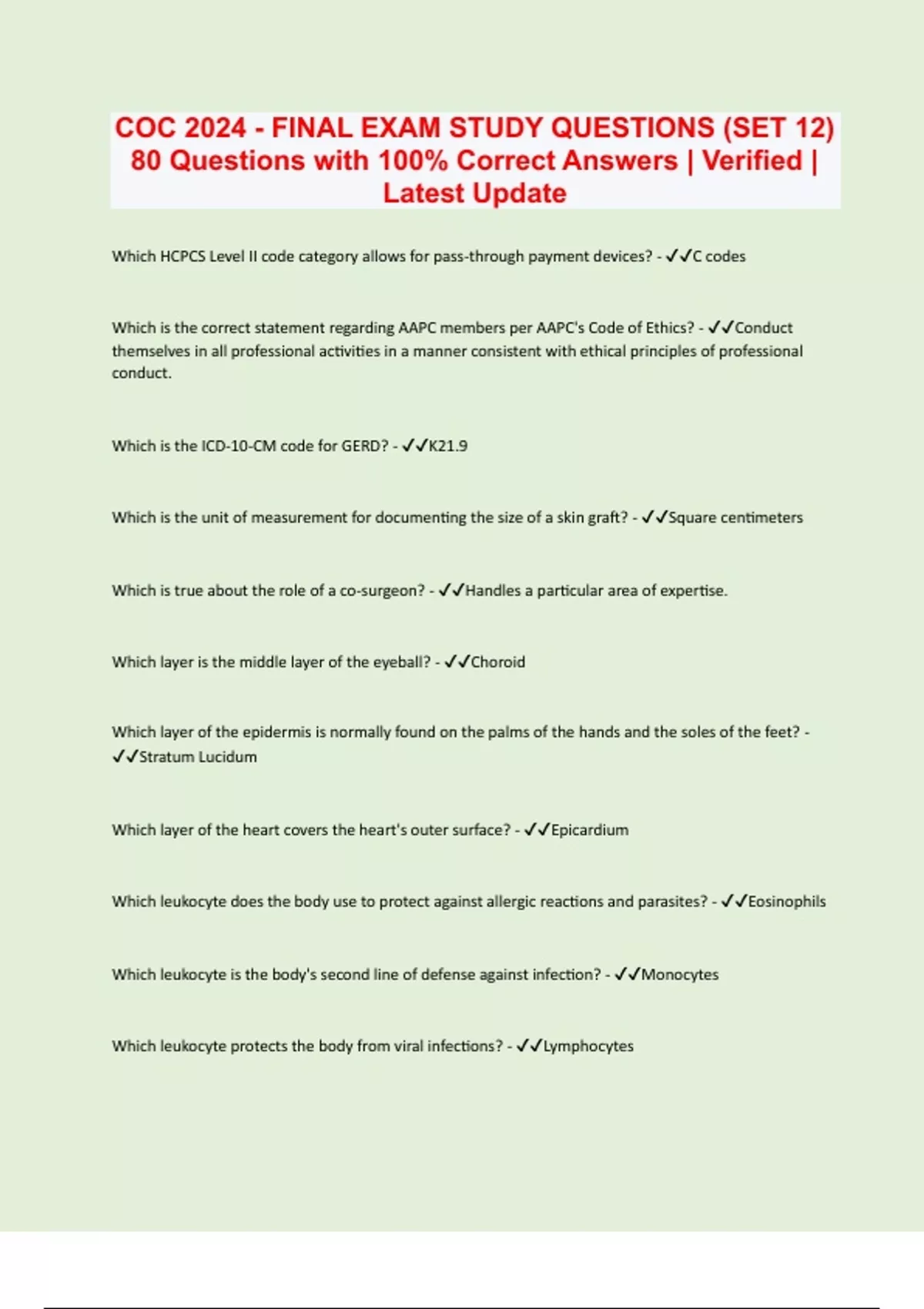 COC 2024 FINAL EXAM STUDY QUESTIONS (SET 12) 80 Questions with 100