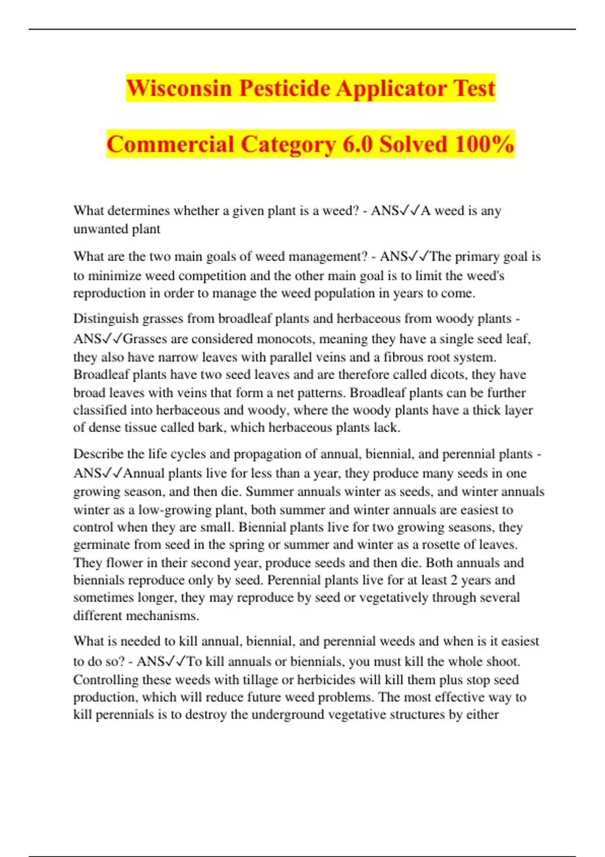 Wisconsin Pesticide Applicator Test Commercial Category 6.0 Solved 100