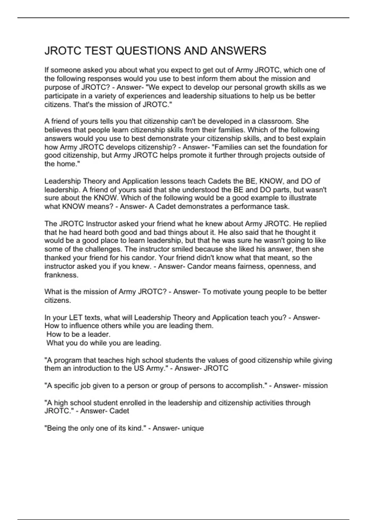 JROTC TEST QUESTIONS AND ANSWERS - JROTC - Stuvia US