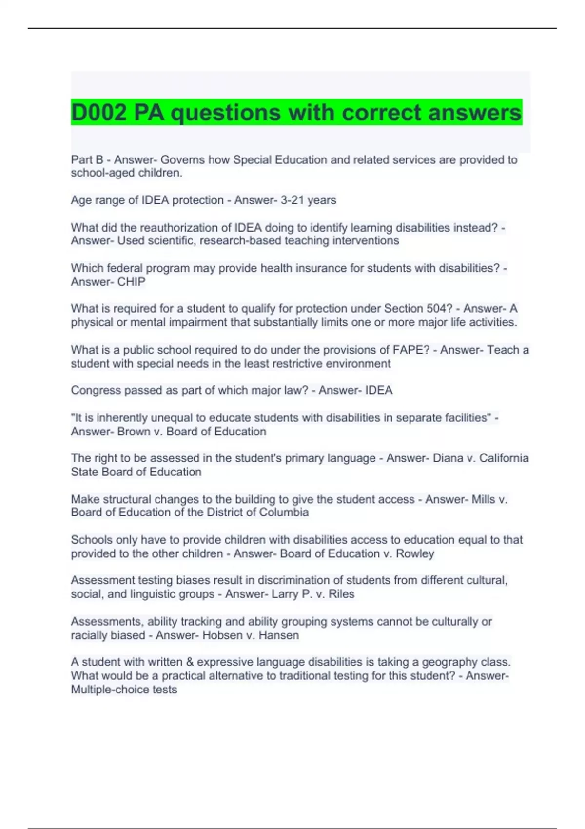 D002 PA questions with correct answers - WGU D002 - Stuvia US