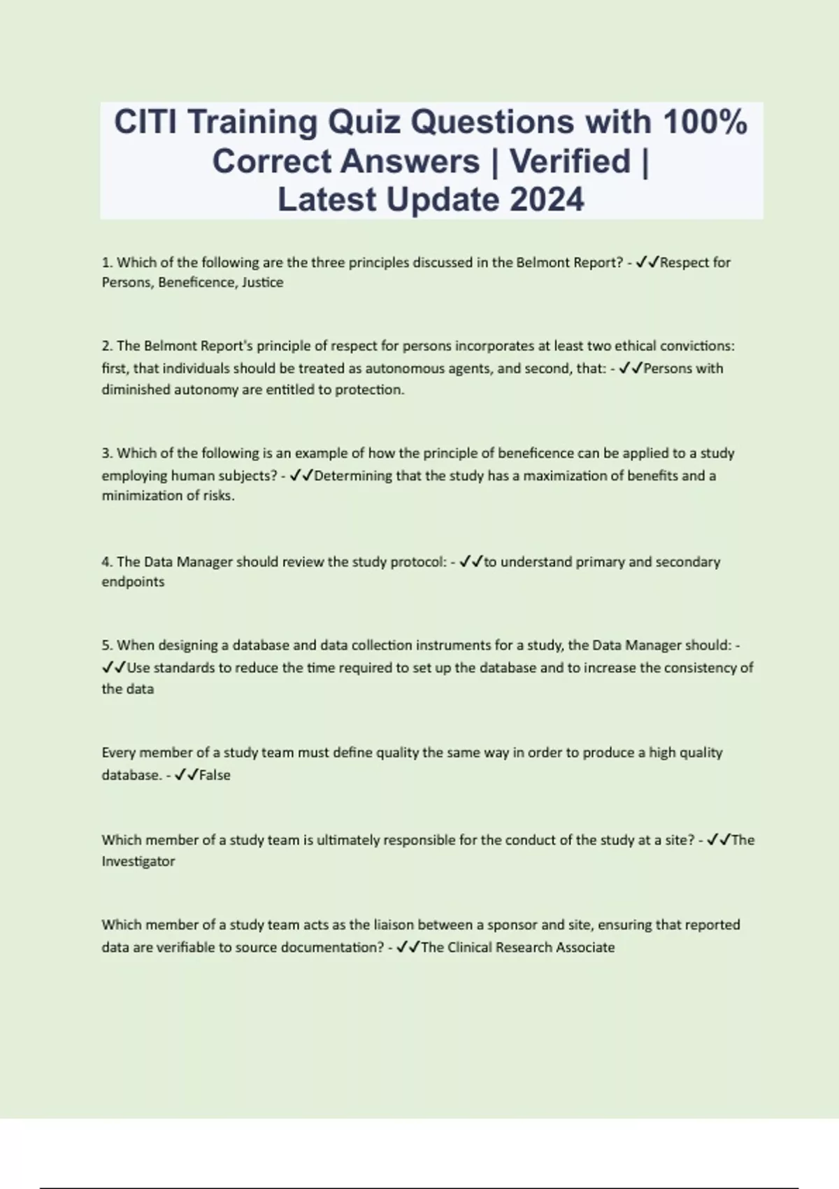 CITI Training Quiz Questions with 100 Correct Answers Verified