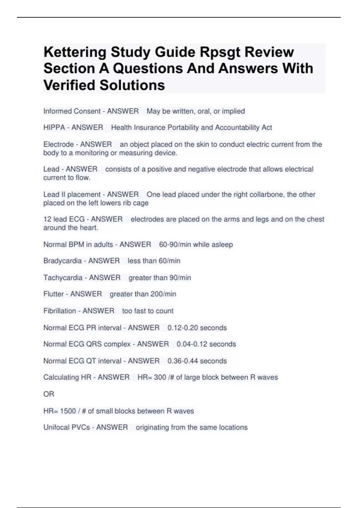 Kettering Study Guide Rpsgt Review Section A Questions And Answers With