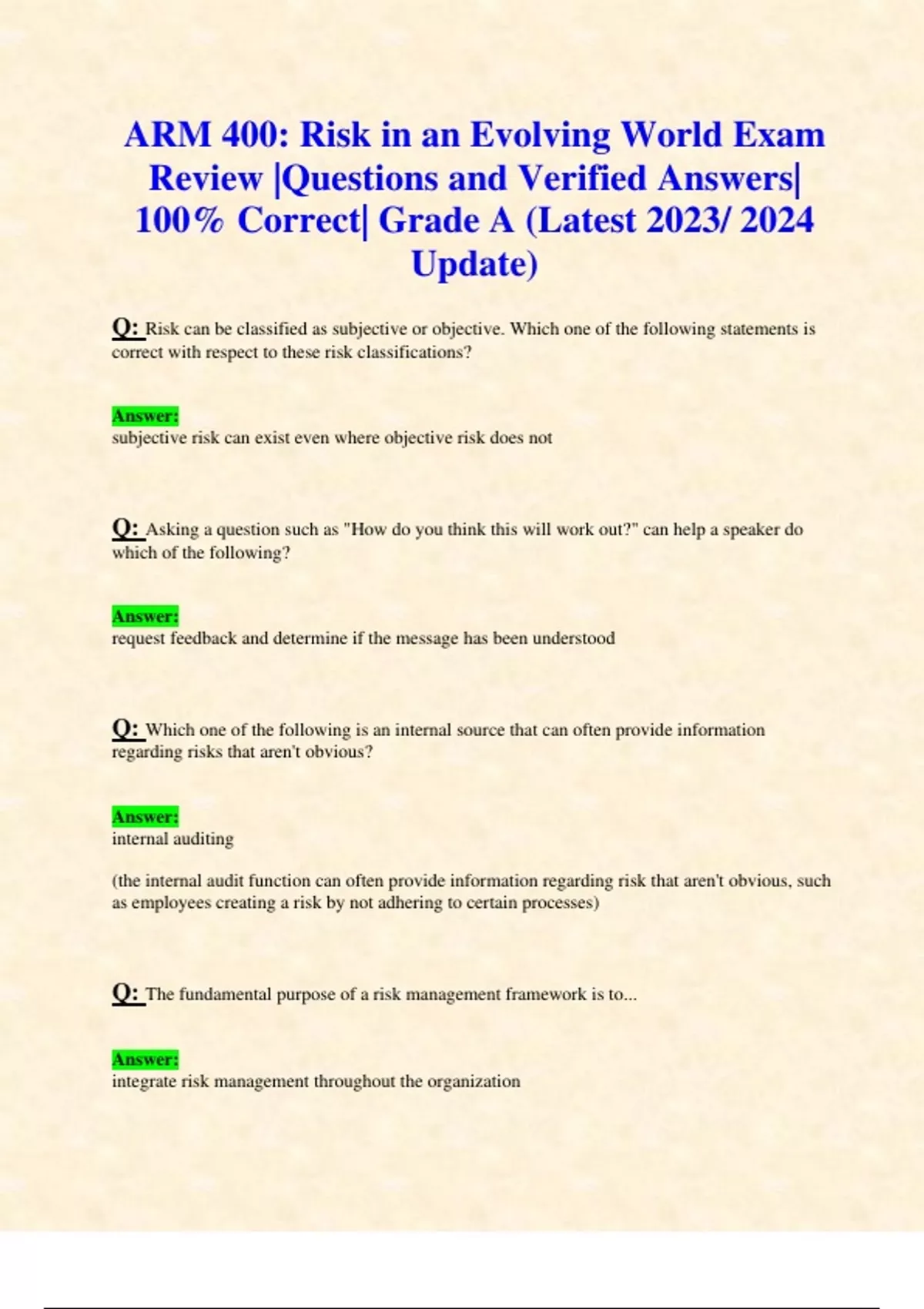 ARM 400 Risk in an Evolving World Exam Review Questions and Verified