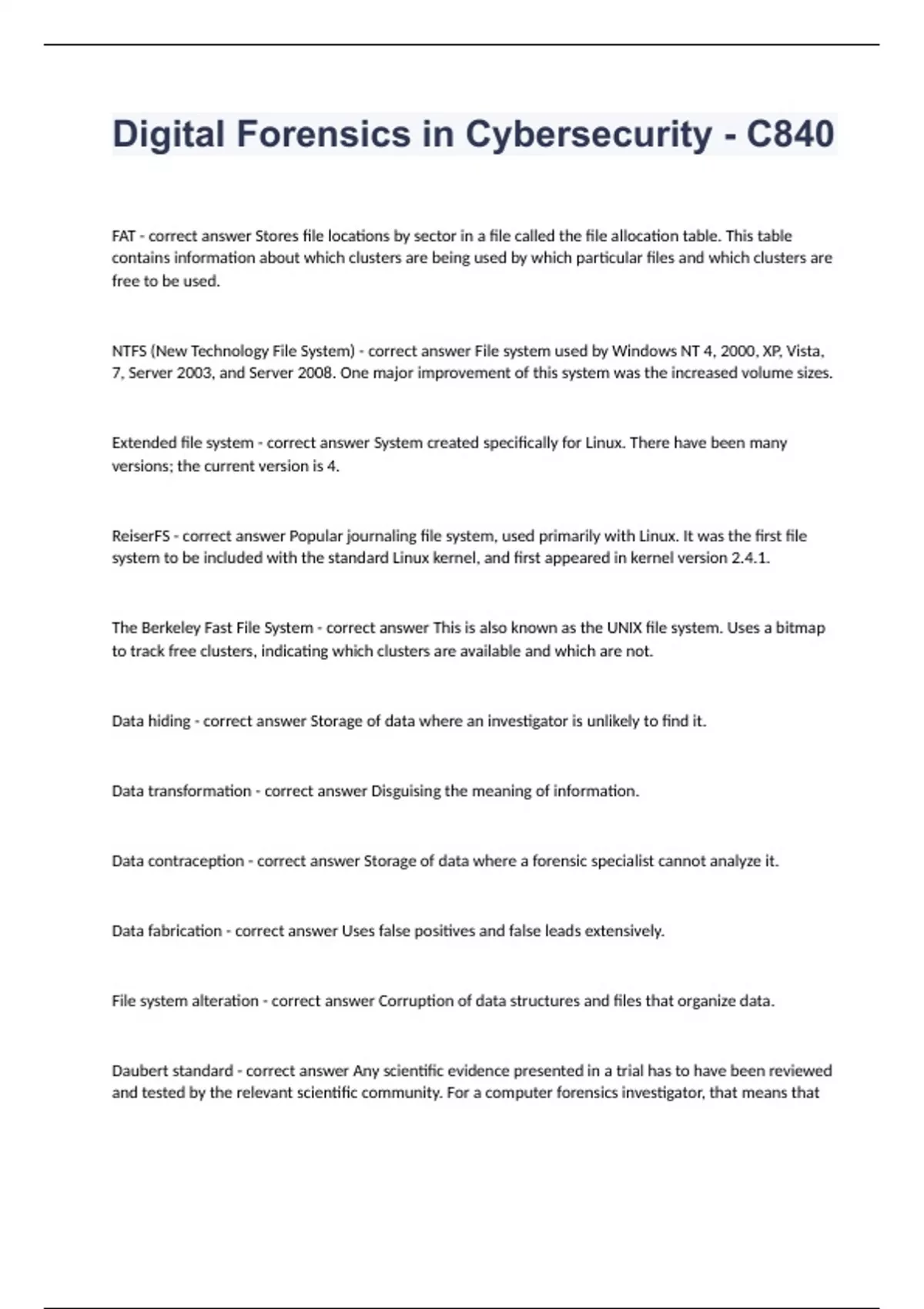 Digital Forensics in Cybersecurity 2 Question and answers rated A+ 2023