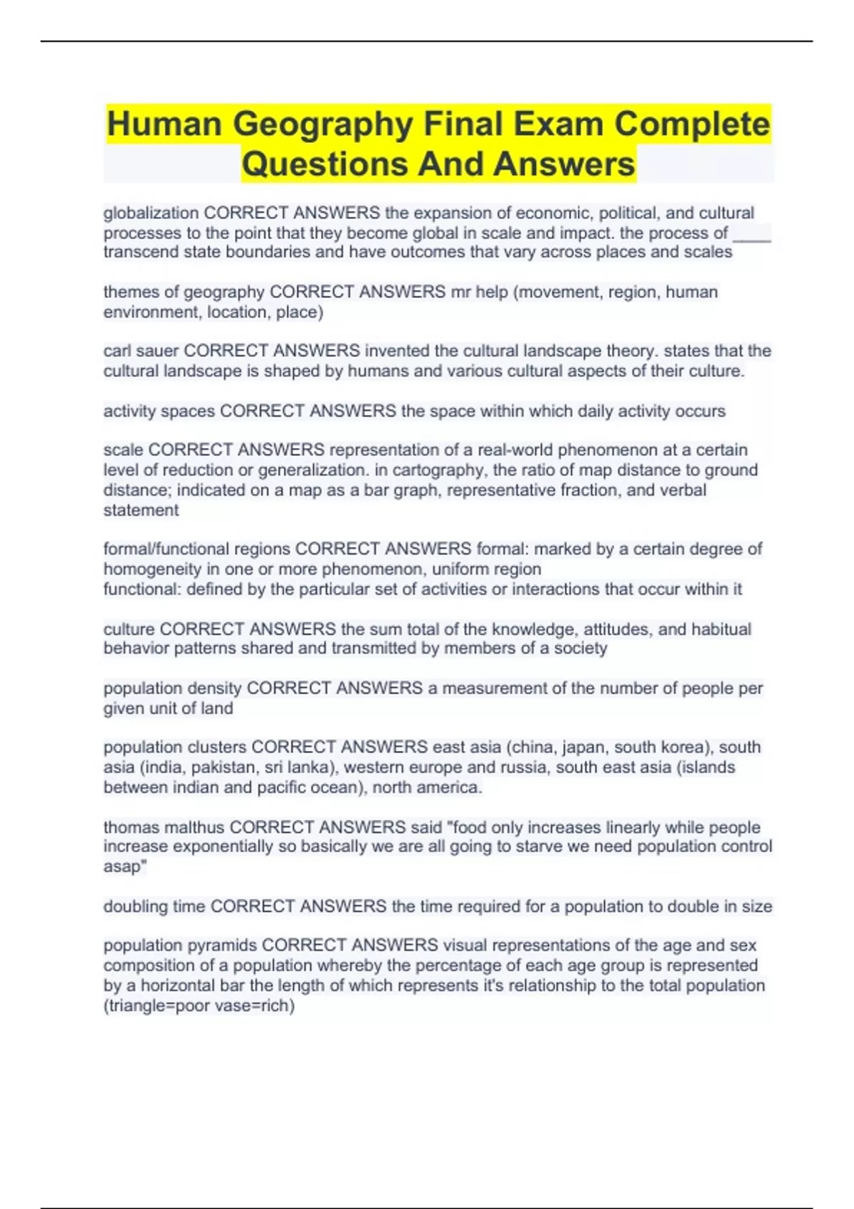Human Geography Final Exam Complete Questions And Answers Human