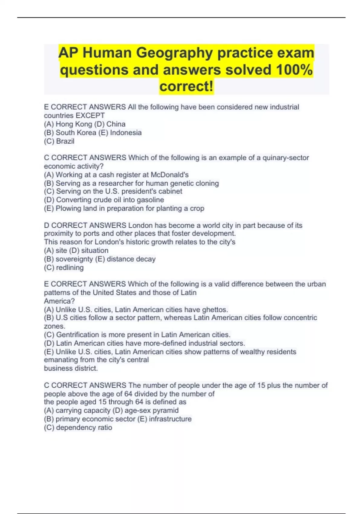 AP Human Geography practice exam questions and answers solved 100% correct! - Human Geography ...