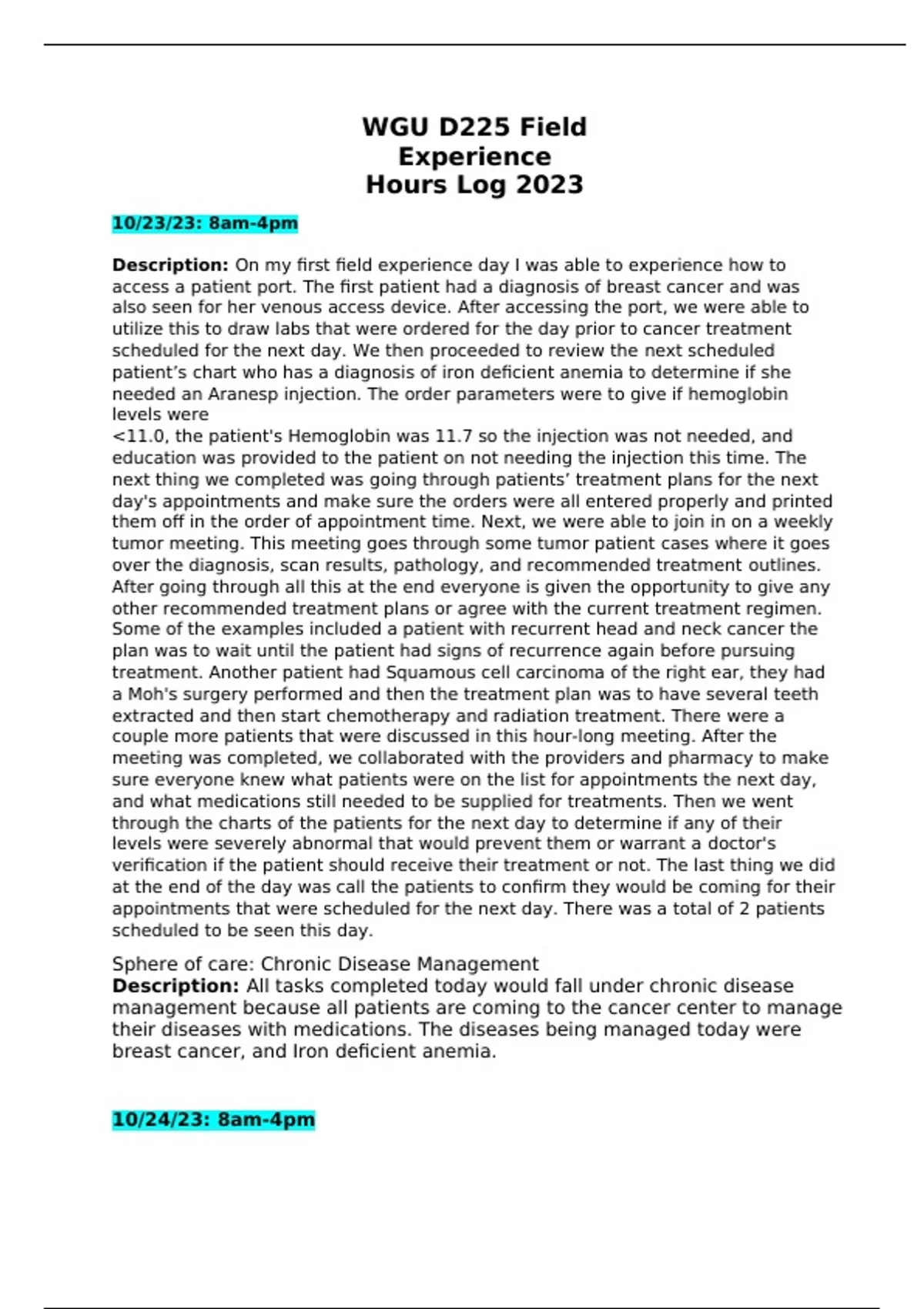 WGU D225 Field Experience Hours Log 2023 WGU D225 Stuvia US