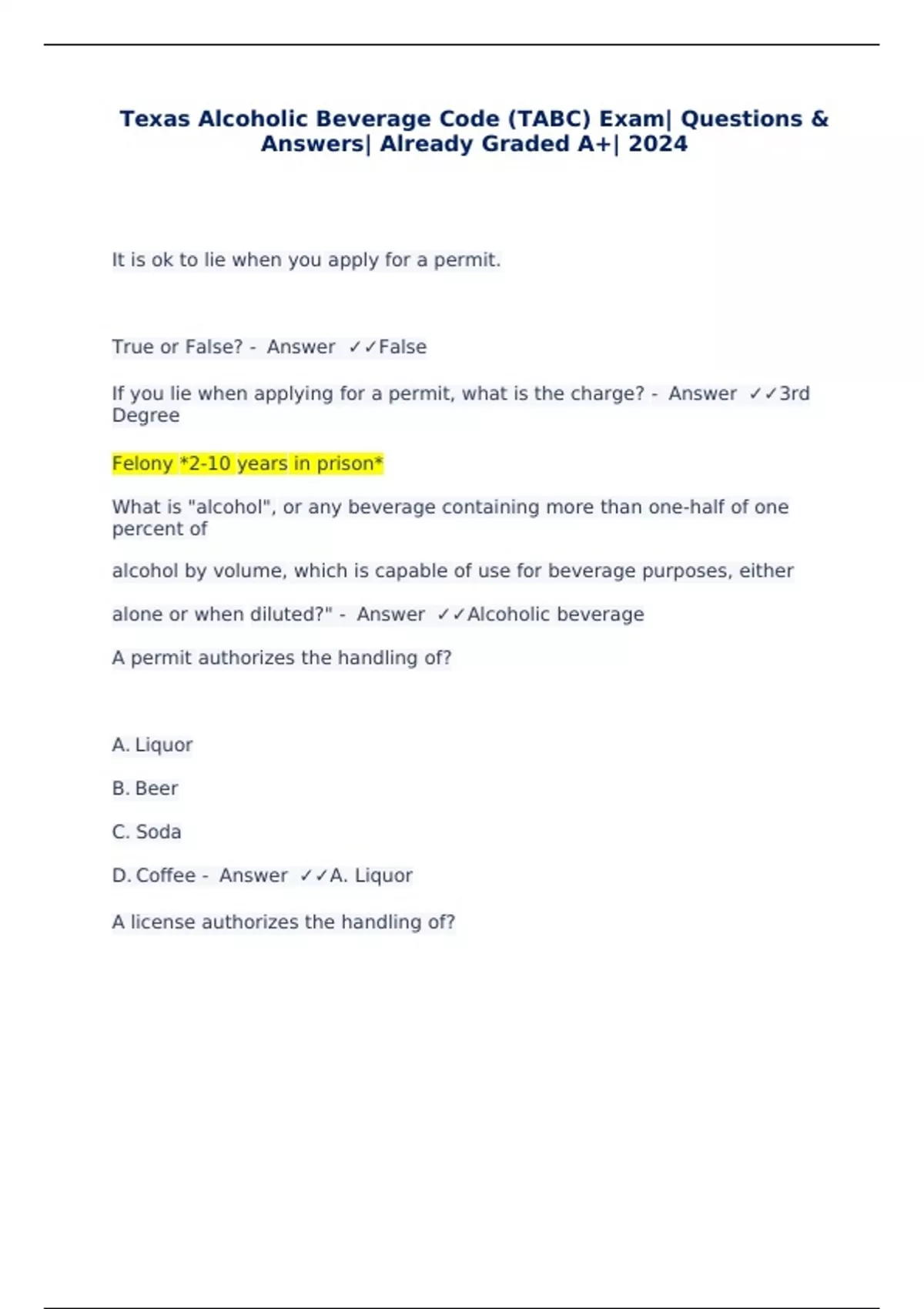 Texas Alcoholic Beverage Code (TABC) Exam Questions & Answers Already