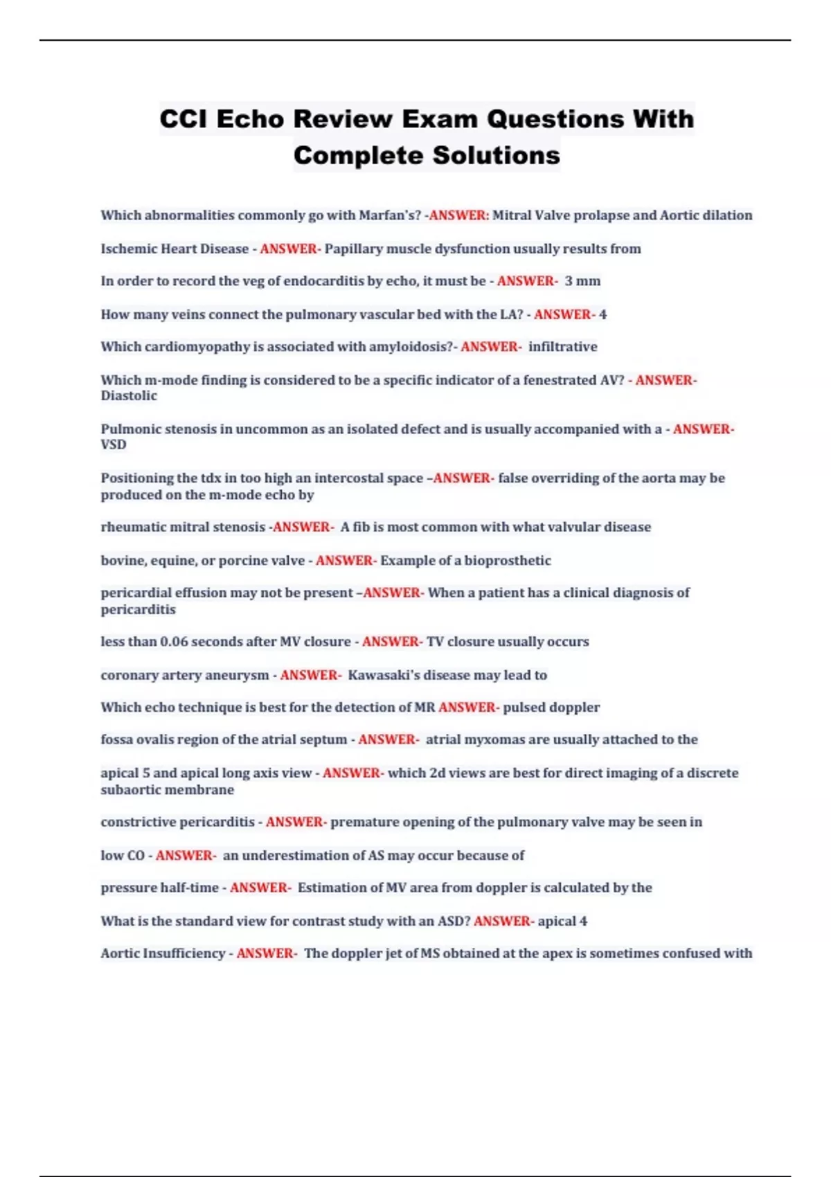 CCI Echo Review Exam Questions With Complete Solutions CCI Echo