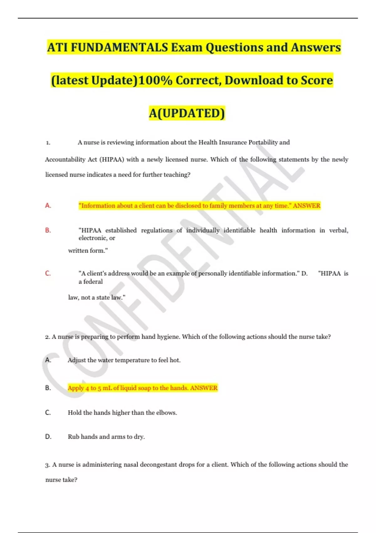 ATI Fundamentals Proctored Exam 100 Questions and Answers - RN nursing ...