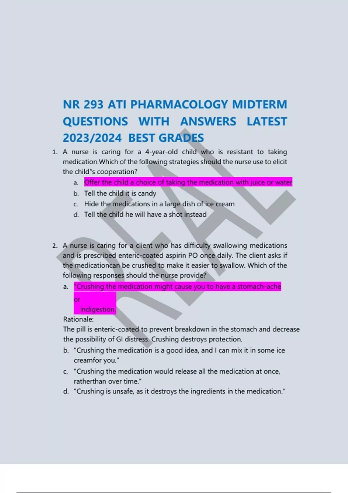 NR 293 ATI PHARMACOLOGY MIDTERM QUESTIONS WITH ANSWERS LATEST 2023/2024 ...