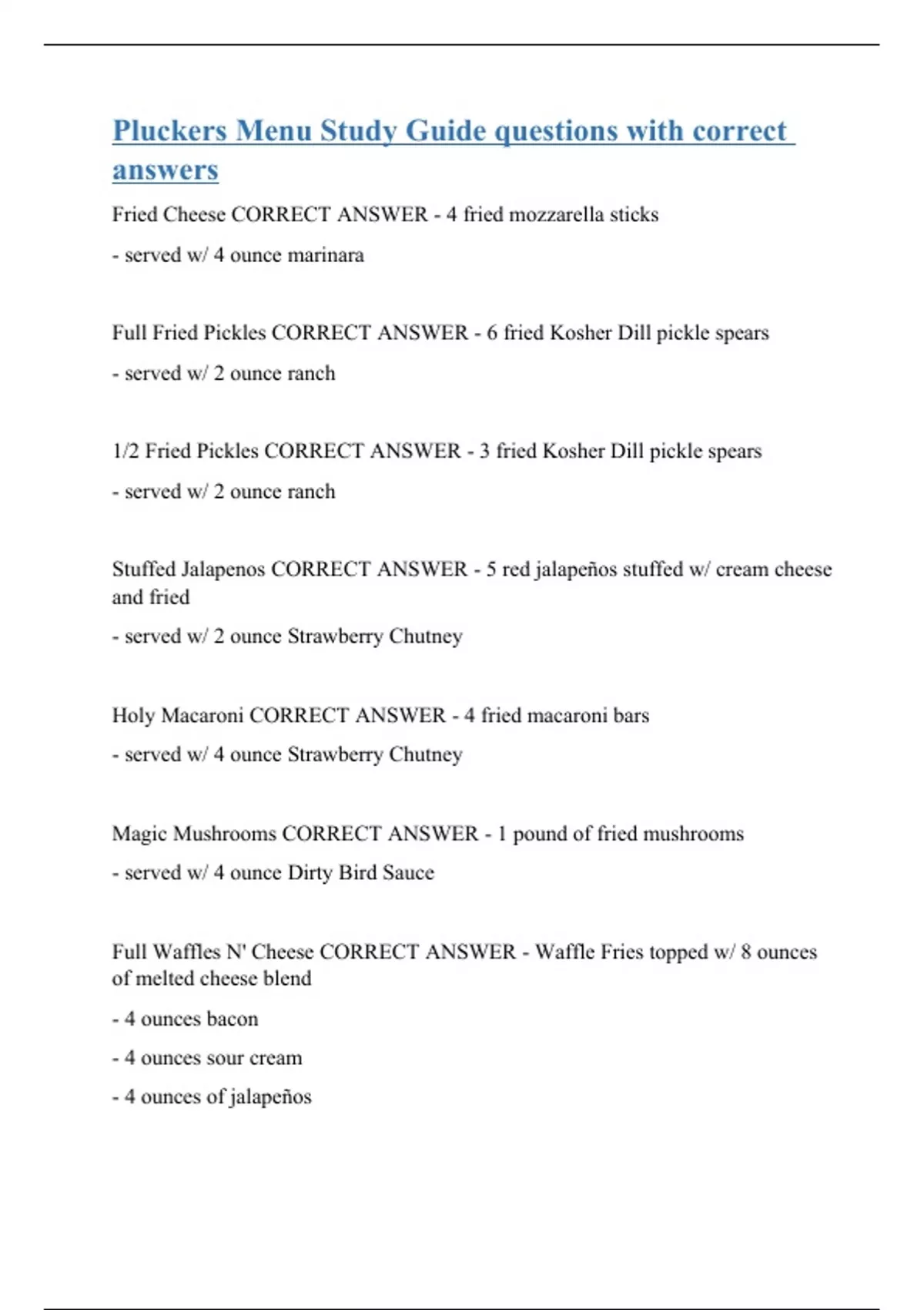 Menu Questions Pluckers Menu Study Guide questions with correct answers - Pluckers ...
