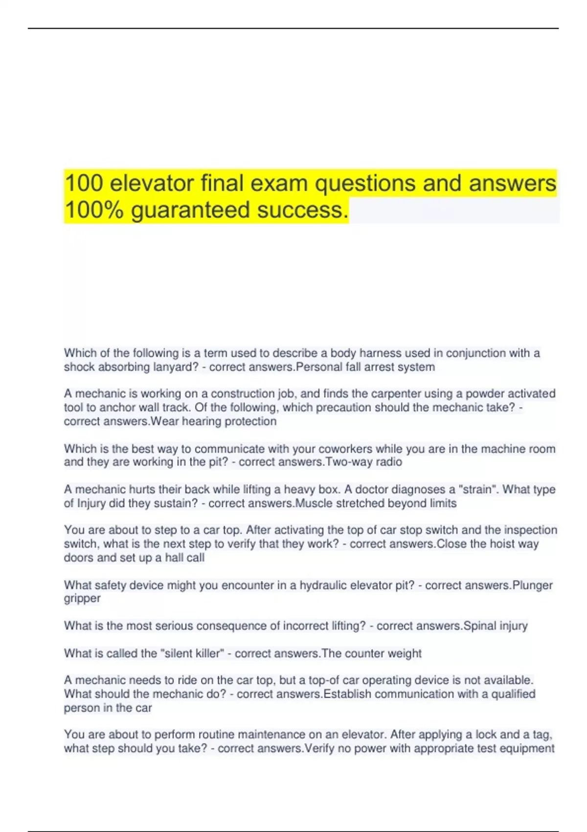 100 elevator final exam questions and answers 100 guaranteed success
