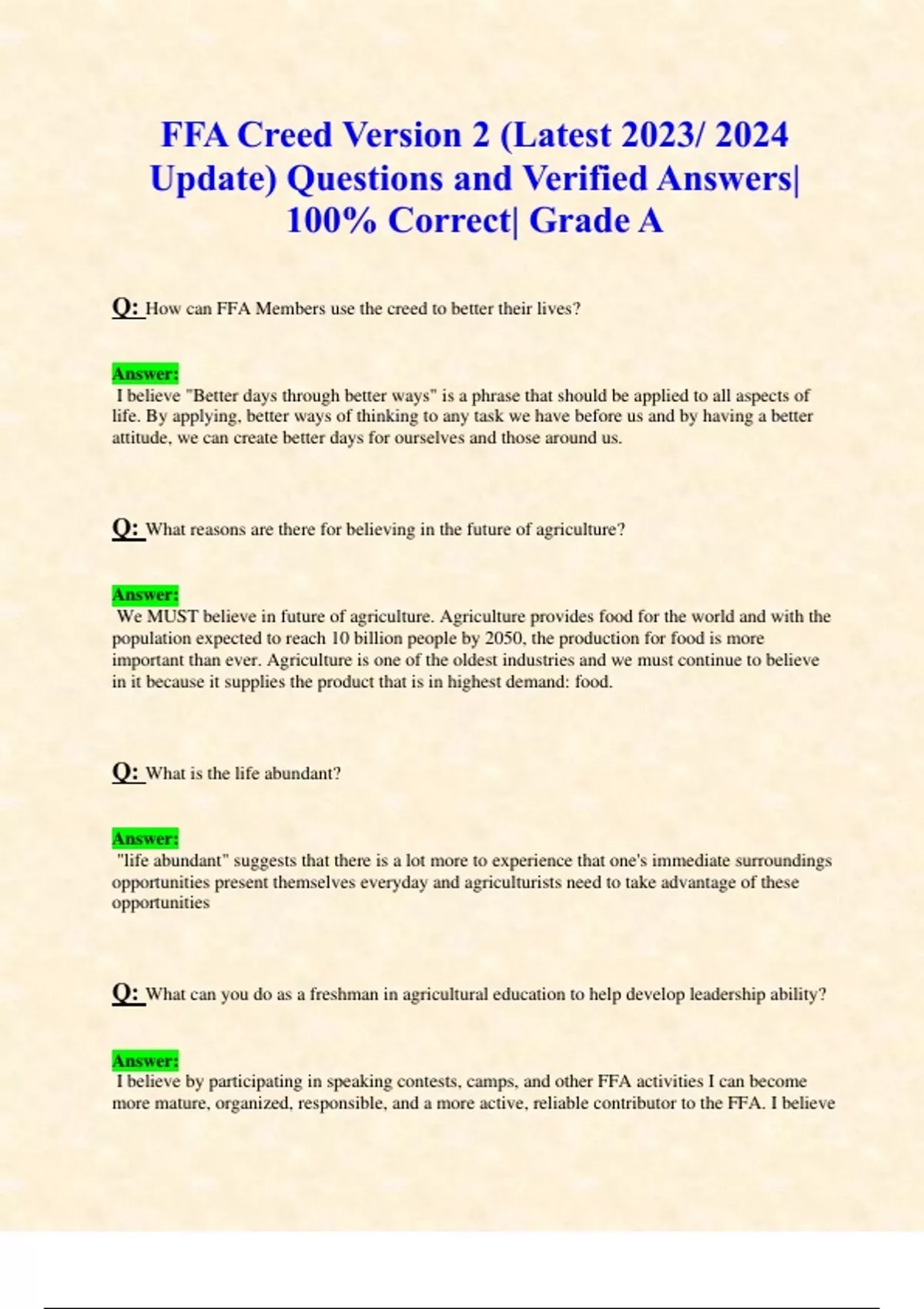 FFA Creed Version 2 (Latest 2023/ 2024 Update) Questions and Verified ...