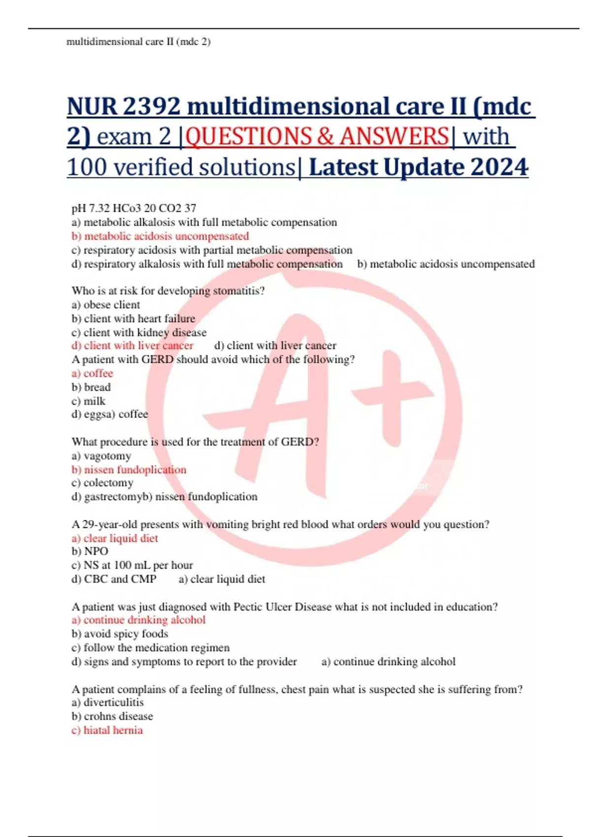 NUR 2392 multidimensional care II (mdc 2) exam 2 |QUESTIONS & ANSWERS ...