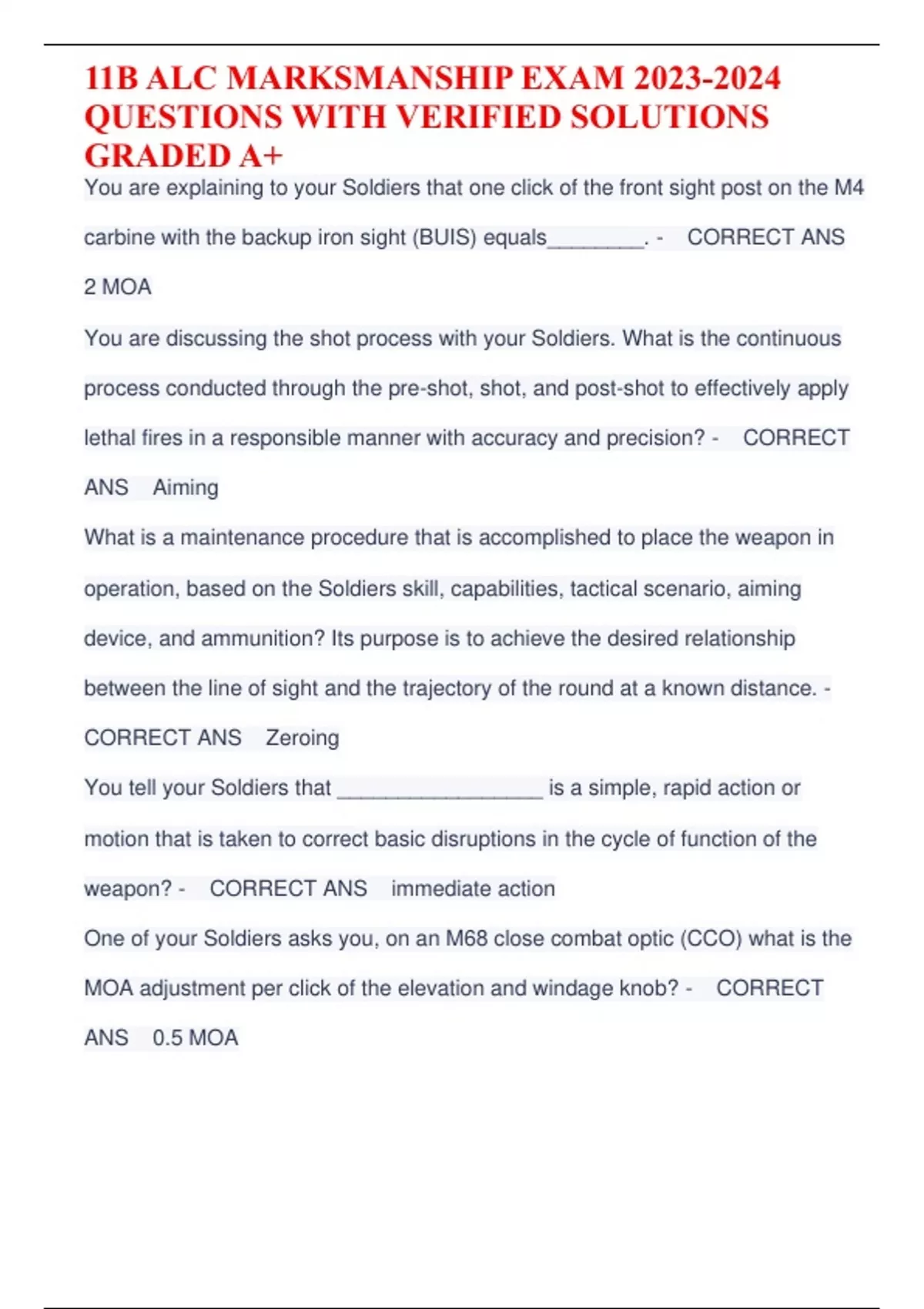 11B ALC MARKSMANSHIP EXAM QUESTIONS WITH VERIFIED SOLUTIONS GRADED A+ ...
