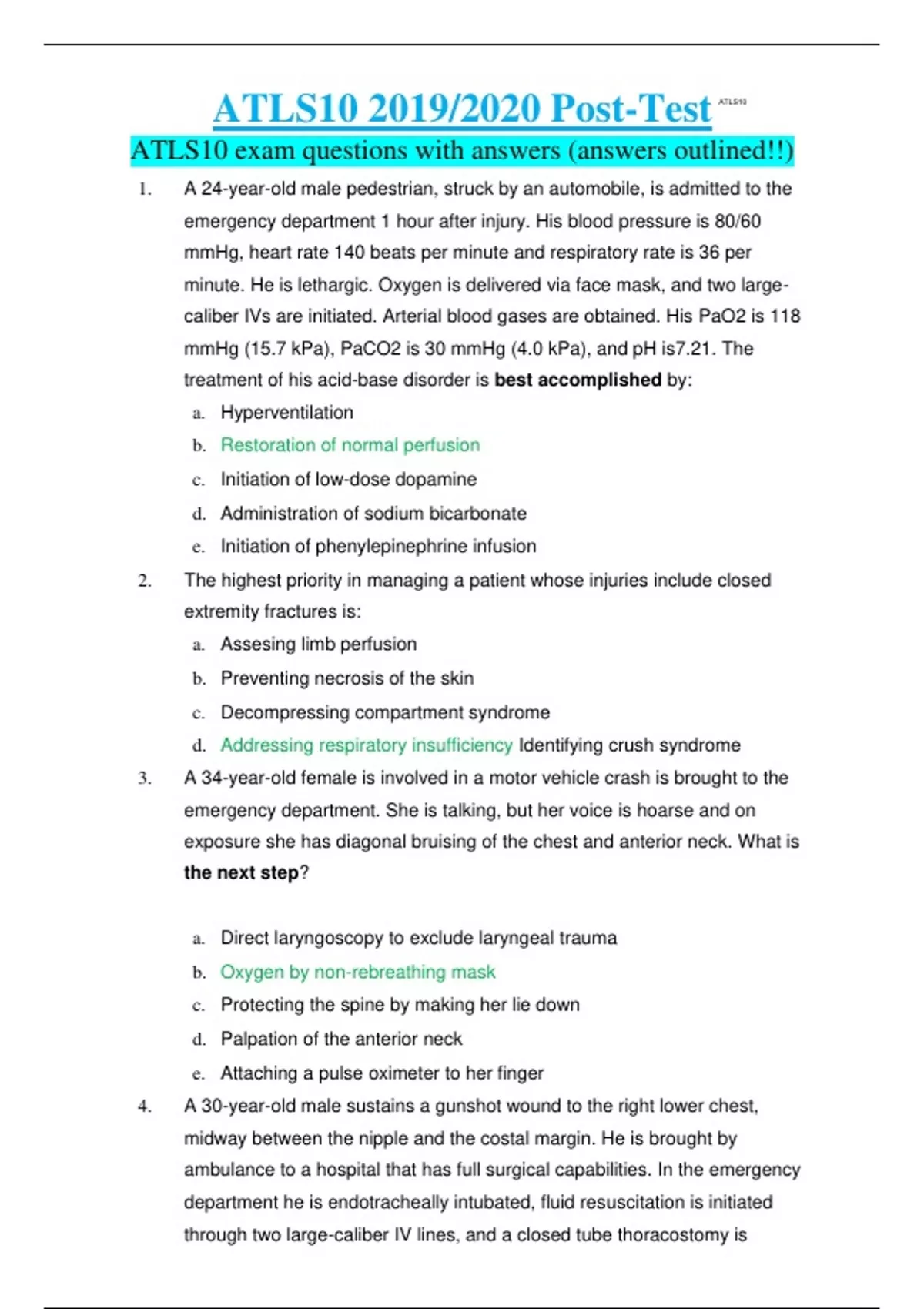 Atlc 10.pdf ATLS10 2019/2020 Post-Test ATLS10 exam questions with answers (answers ...
