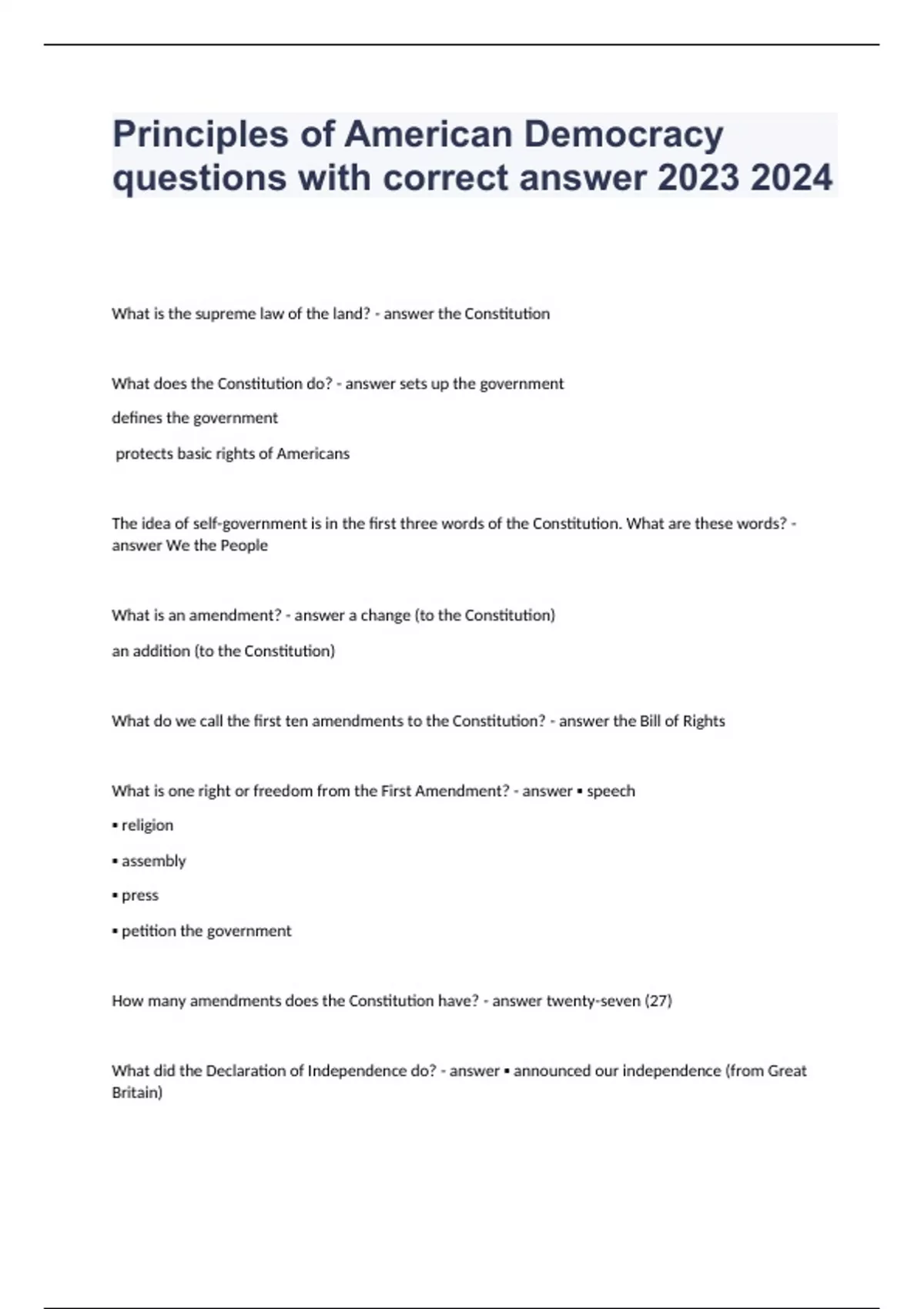 Principles of American Democracy questions with correct answer