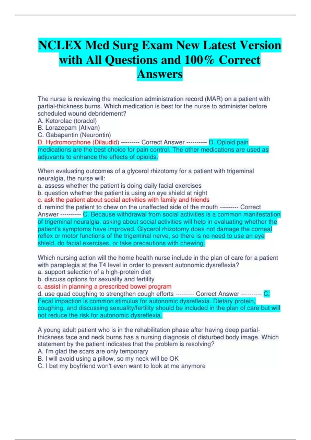 NCLEX Med Surg Exam New Latest Version with All Questions and 100% ...