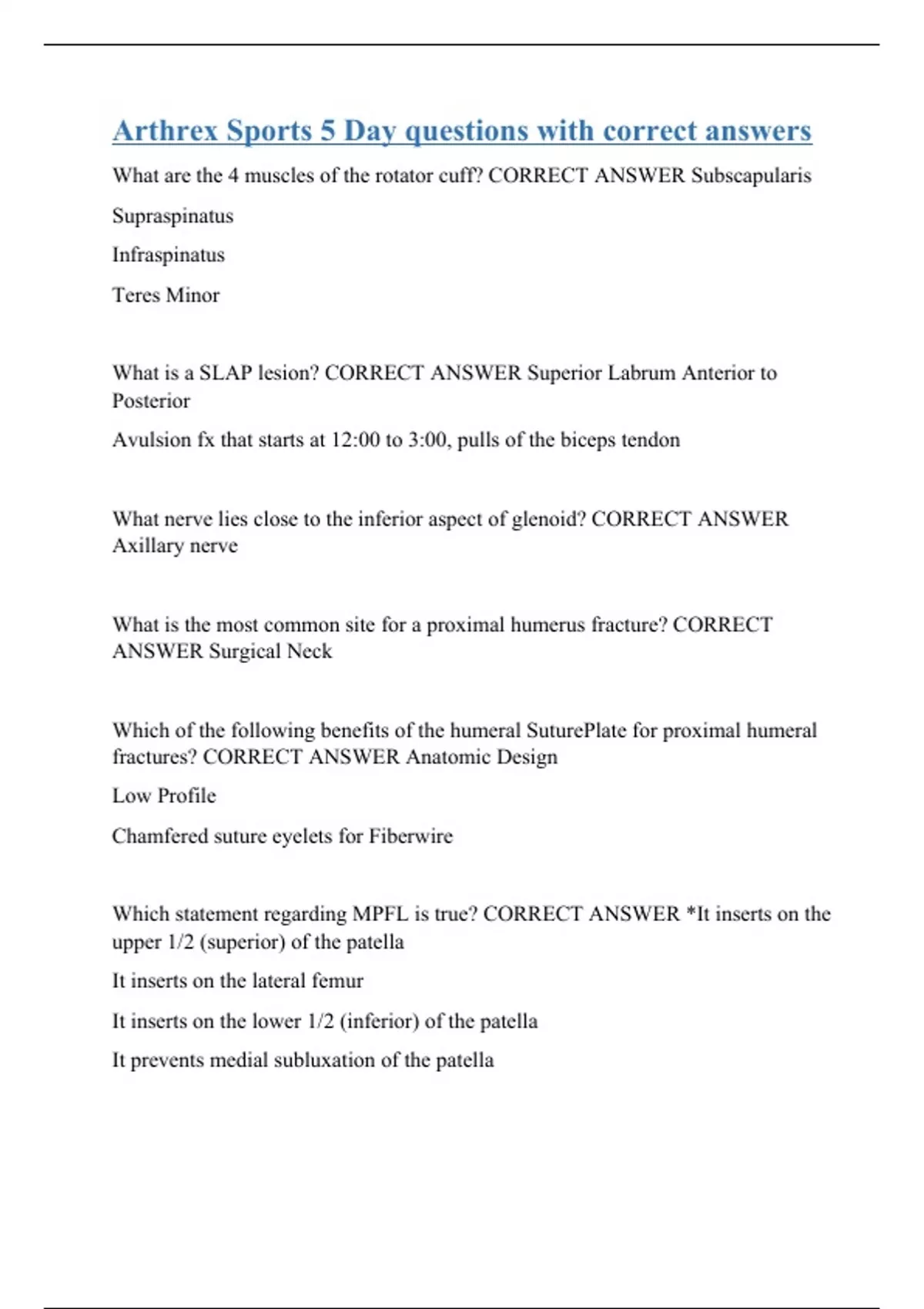 Arthrex Sports 5 Day questions with correct answers Arthrex Sports