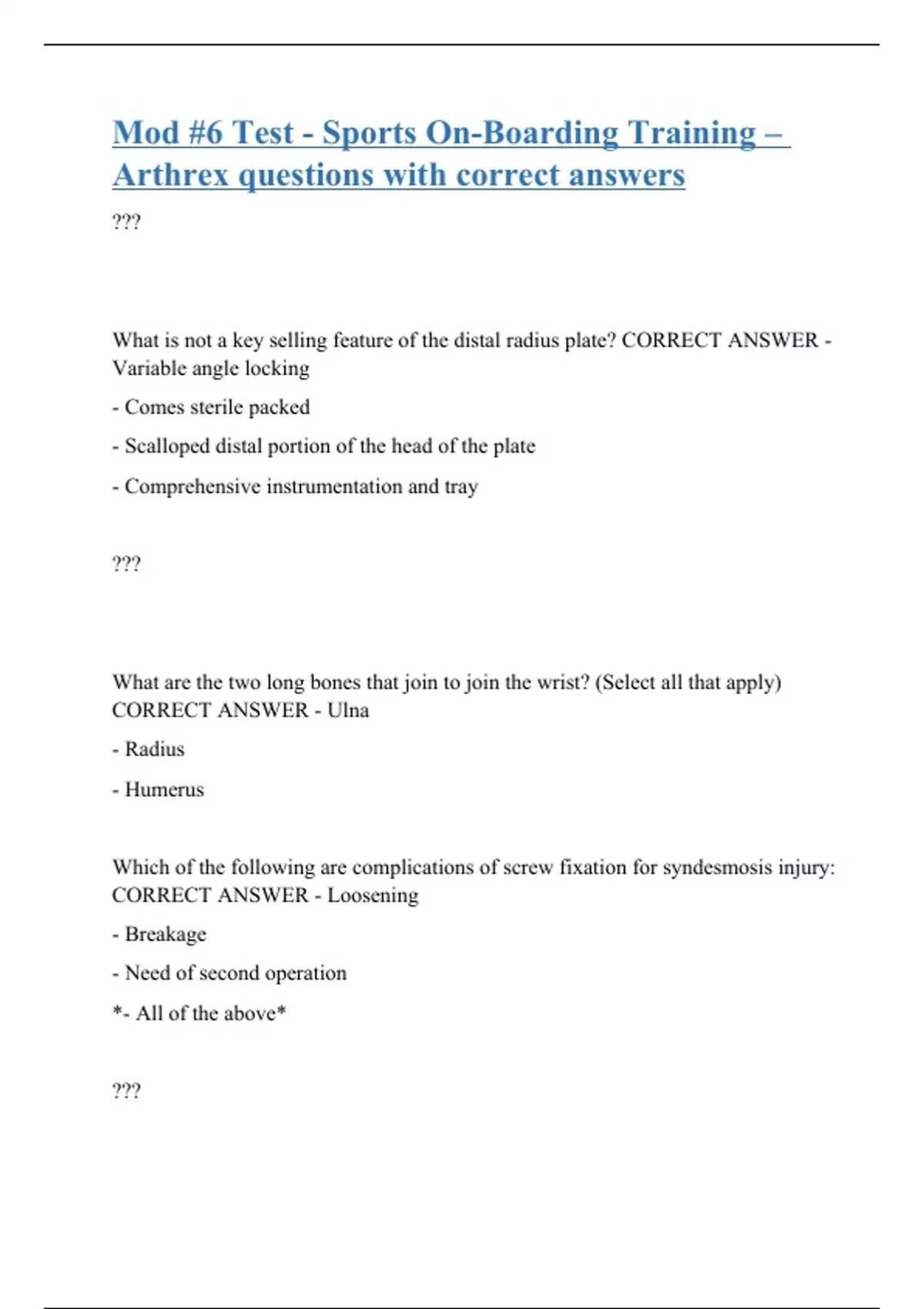 Mod 6 Test Sports OnBoarding Training Arthrex questions with