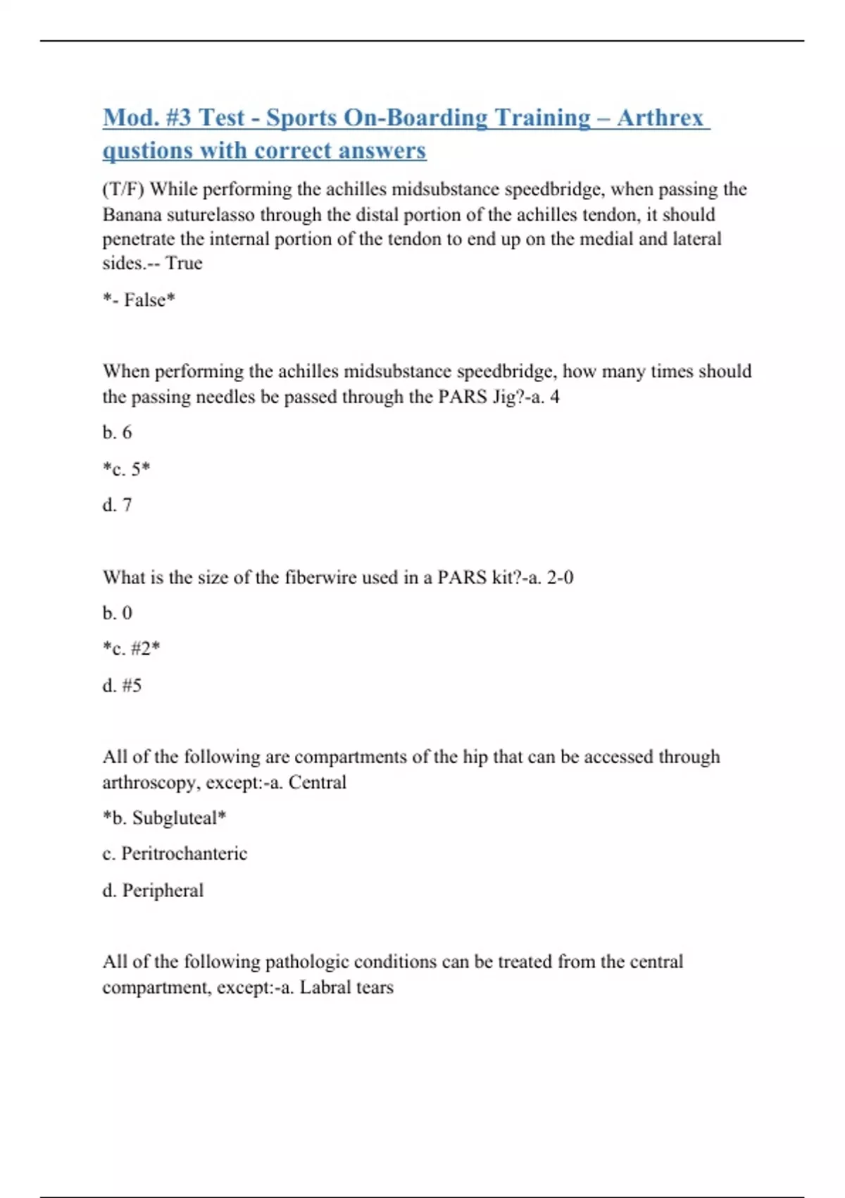 Mod. 3 Test Sports OnBoarding Training Arthrex qustions with