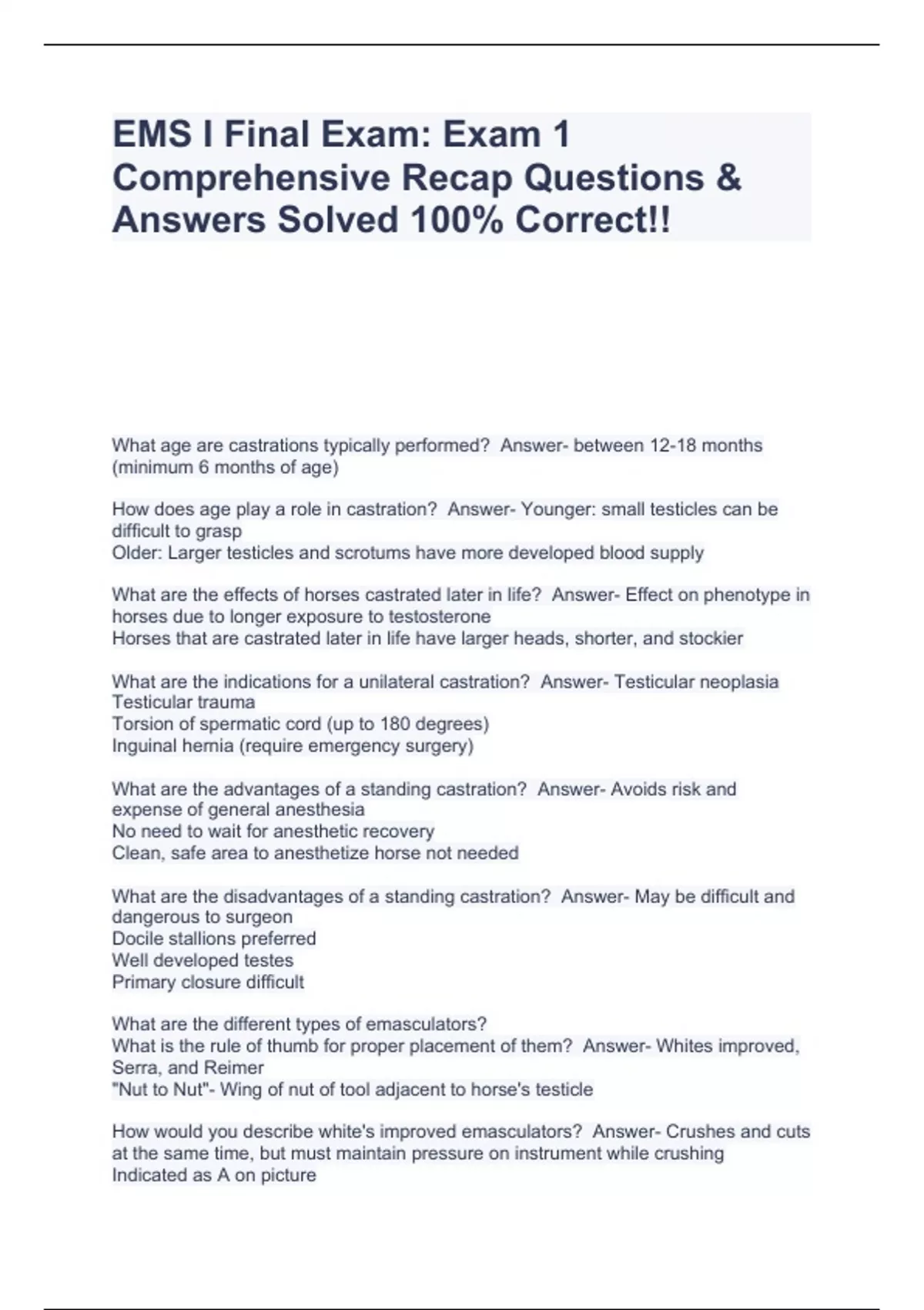 EMS I Final Exam Exam 1 Comprehensive Recap Questions & Answers Solved